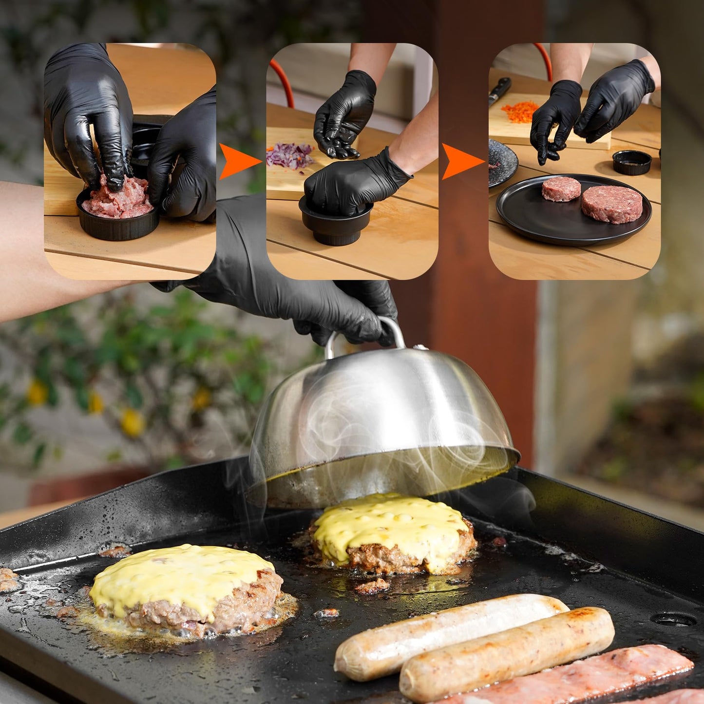 onlyfire 6PC Burger Set, Cheese Melting Dome & Burger Press Kit, Basting Cover with Burger Smasher & Grill Spatula & Hamburger Press Patty Maker for Outdoor Griddle BBQ