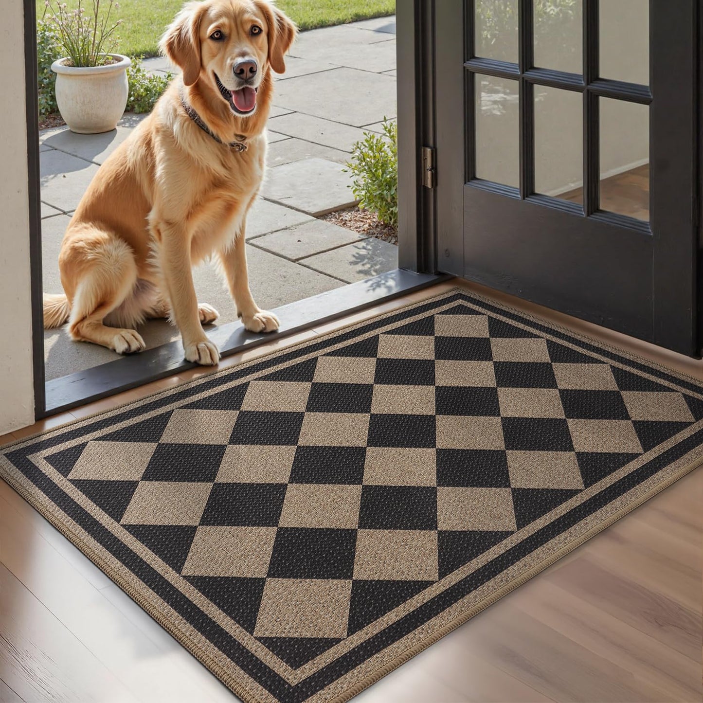 Front Door Mat Indoor Outdoor Mat for Entrance Mat Easy-Jute Entryway Mat-Mud Trapper Absorbent Low-Profile Fall Door Mats Entry Rug Checkered Black 60x90cm