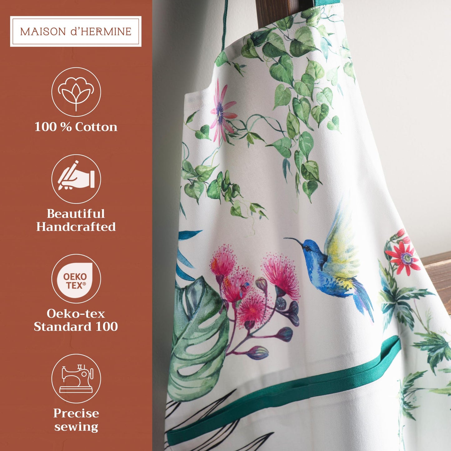 Maison d' Hermine Apron for women with Pocket 100% Cotton 27.50"x31.50" 1 Piece Adjustable Neck Strap & long ties Apron Men, Chef, Wedding, Cooking, Gardening, Server Spring/Summer (Tropiques)