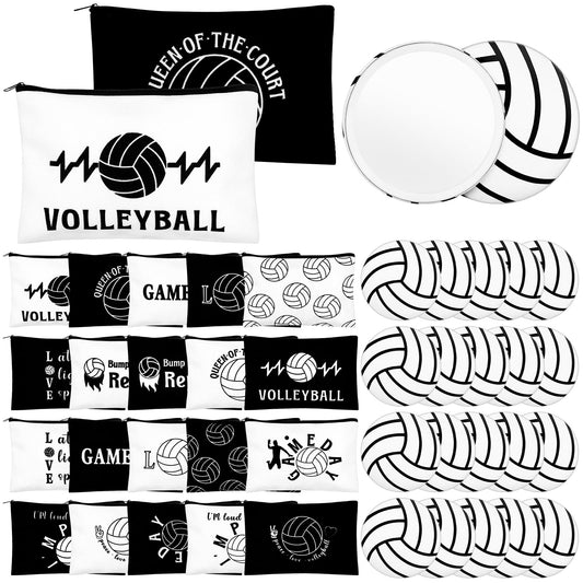 40 Pcs Volleyball Gifts 20 Volleyball Cosmetic Bags 20 Volleyball Compact Mirrors, Travel Pouches Black and White 2.76" Round Makeup Mirrors Women Volleyball Stuff Gifts Volleyball Players Teams,