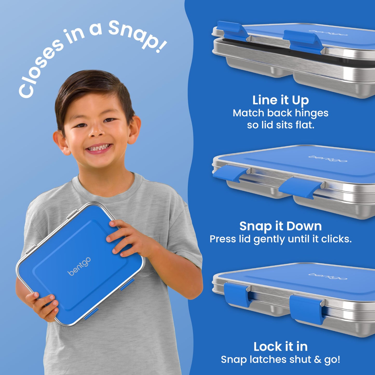 Bentgo® Kids Stainless Steel Leak-Resistant Lunch Box - Bento-Style Redesigned in 2022 w/Upgraded Latches, 3 Compartments, & Extra Container - Eco-Friendly, Dishwasher Safe, Patented Design (Blue)