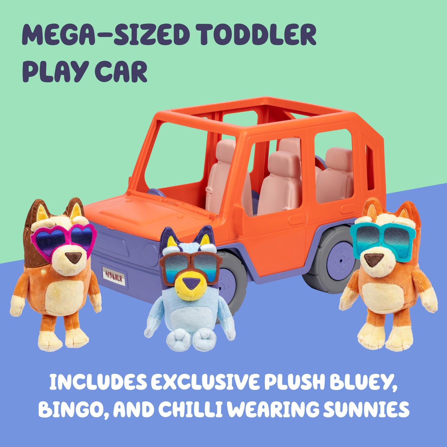 Bluey Buddies Big Heeler 4WD with Family, Exclusive Plush Bluey, Bingo and Chilli, with Sticker Sheet and Opening Bonnet/Hood for Fun Storage