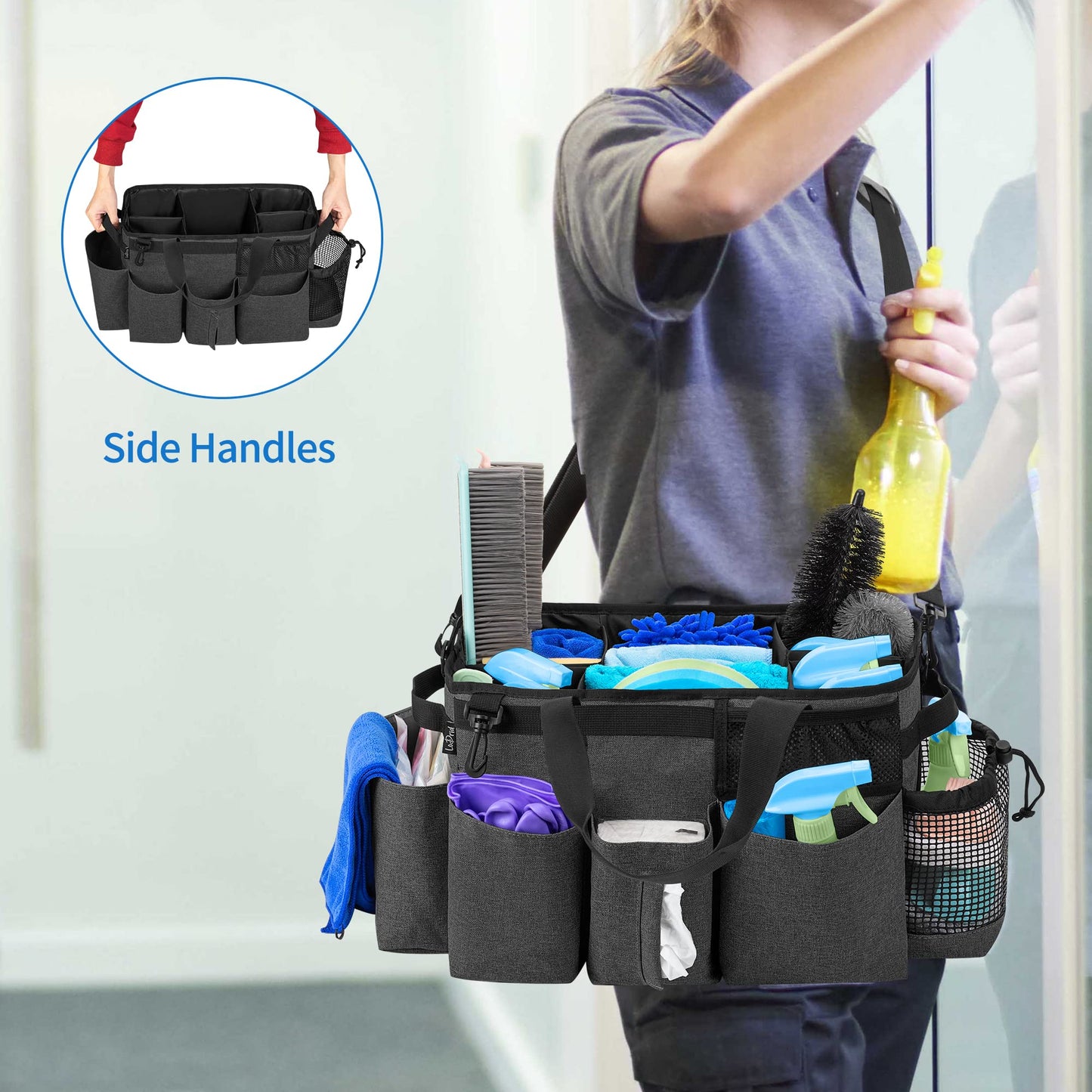 LoDrid Wearable Cleaning Caddy Bag with 4 Foldable Dividers, Tote Organizer with Shoulder Strap and Side Handles for Cleaners & Housekeepers, Black, Bag Only