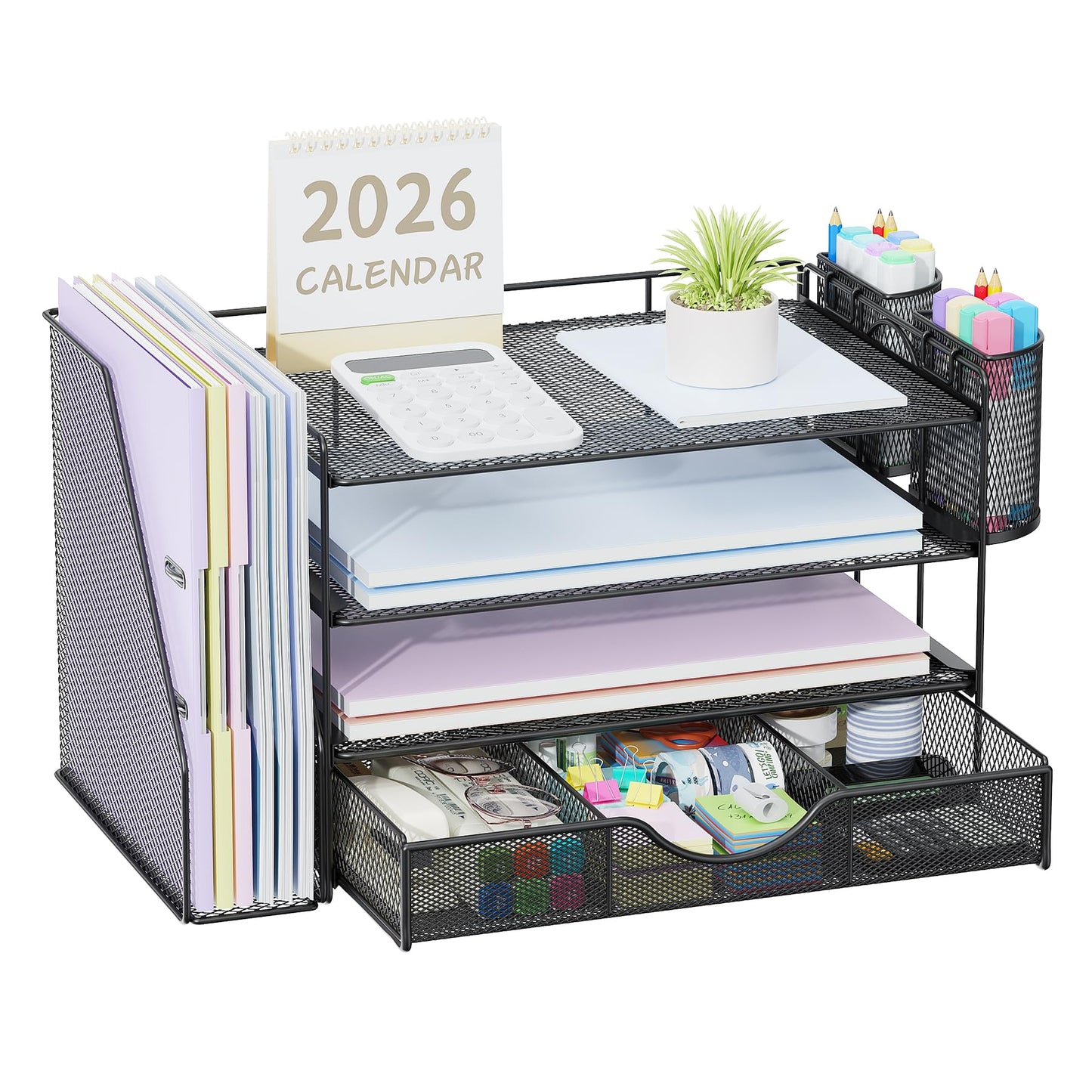 Desk Organizer with File Holder, 4-Tier Paper Tray with Drawer and 2 Pen Holders, Mesh Office Desk Accessories with Magazine File Holder, Desk Tidy for Office Supplies (Black)