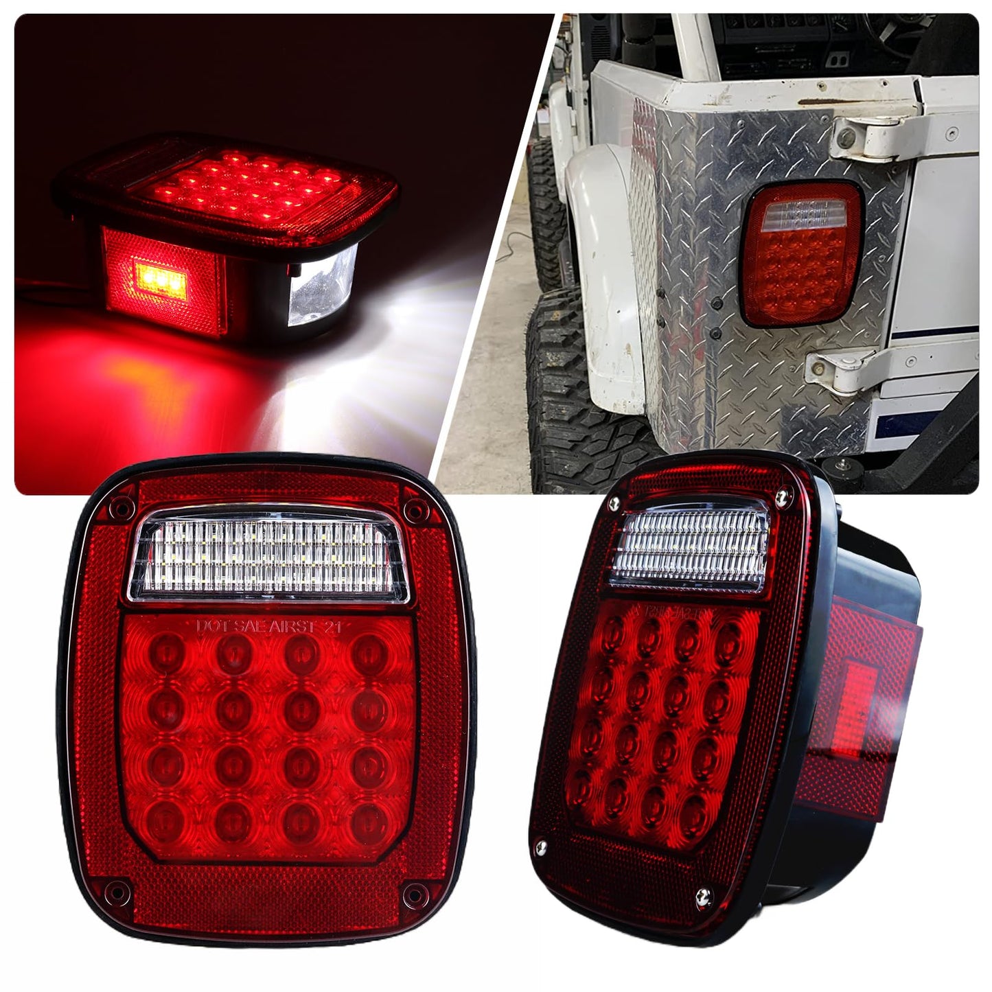 Replacement for 1979-2006 Wrangler TJ YJ CJ5 CJ7 Red Square Rear Combination Tail Lamps with Passenger and Driver Side Marker Stop Turn Signal Brake Lights DOT Certified, 2Pcs