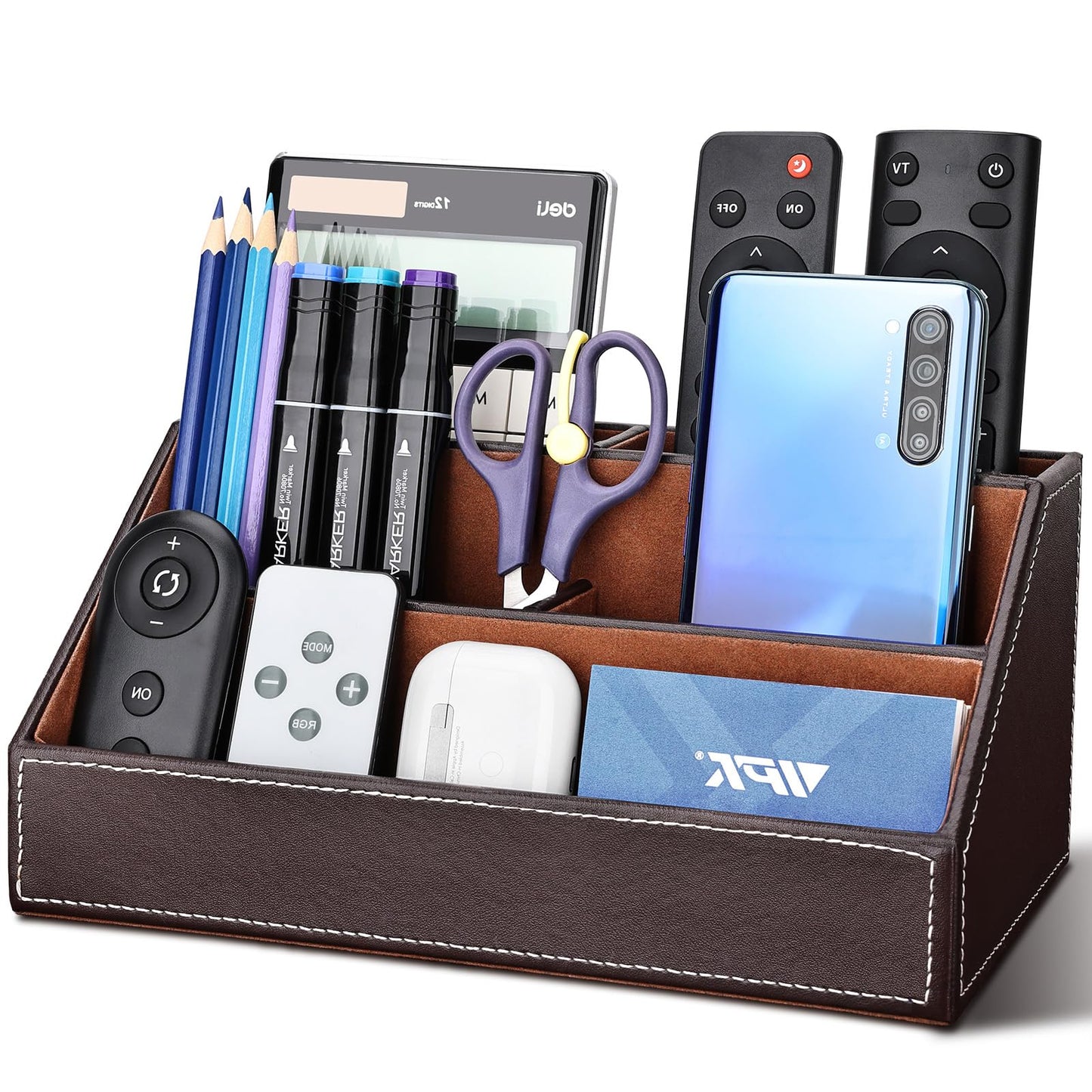 KINGFOM Leatherette Multi-Function Desk Organizer Storage Box, 5 Compartments Office Supplies Caddy, Pen/Pencil, Cell Phone, Business Name Cards, Note Paper, Remote Control Holder Organizer