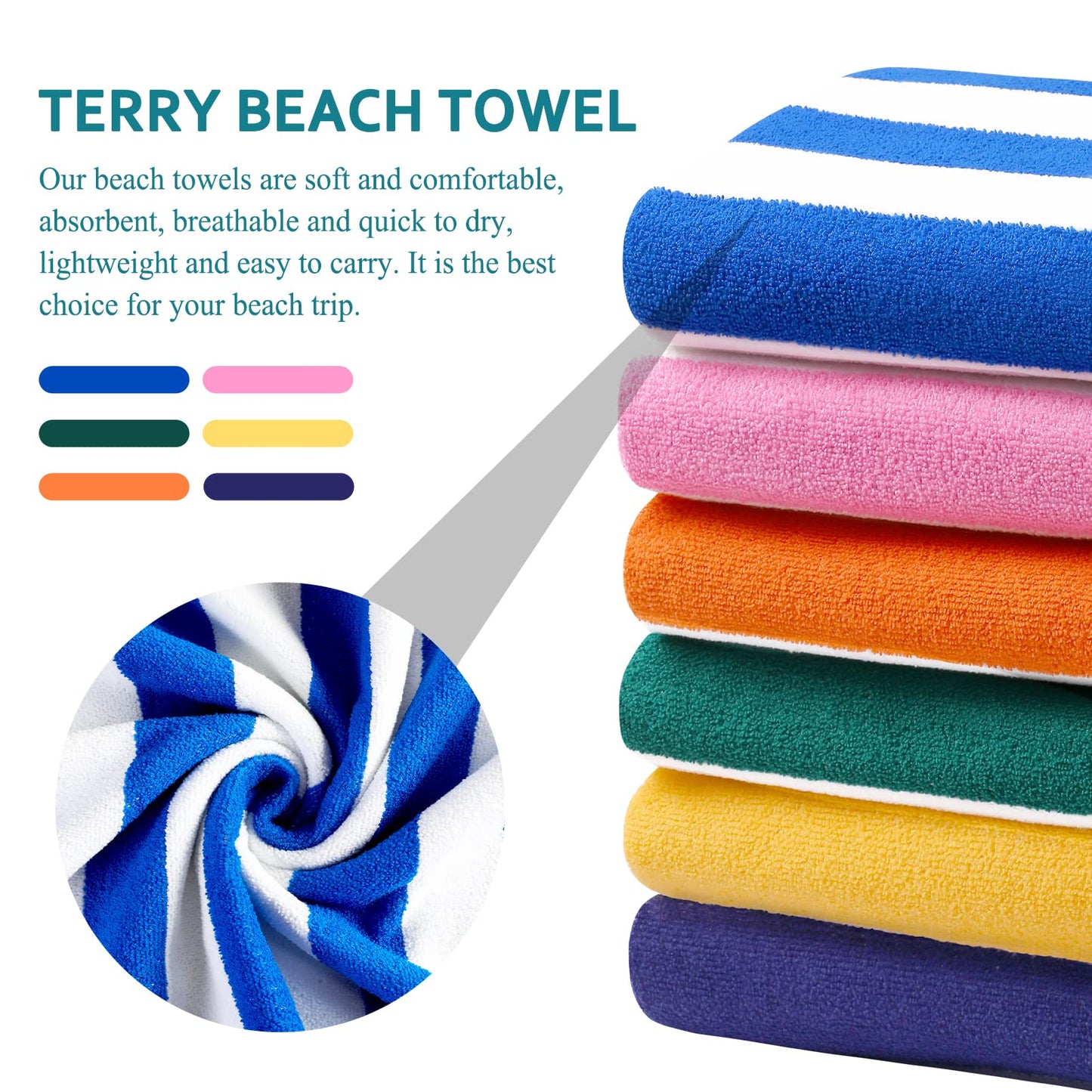 6 Packs Oversized 72x40 Inch Stripe Beach Towel Thin Terry Set XL Big Extra Large Accessories Essentials Soft Clearance Super Absorbent Pool Travel Bath Swim Camping Towels Bulk Men Women Adults Gift