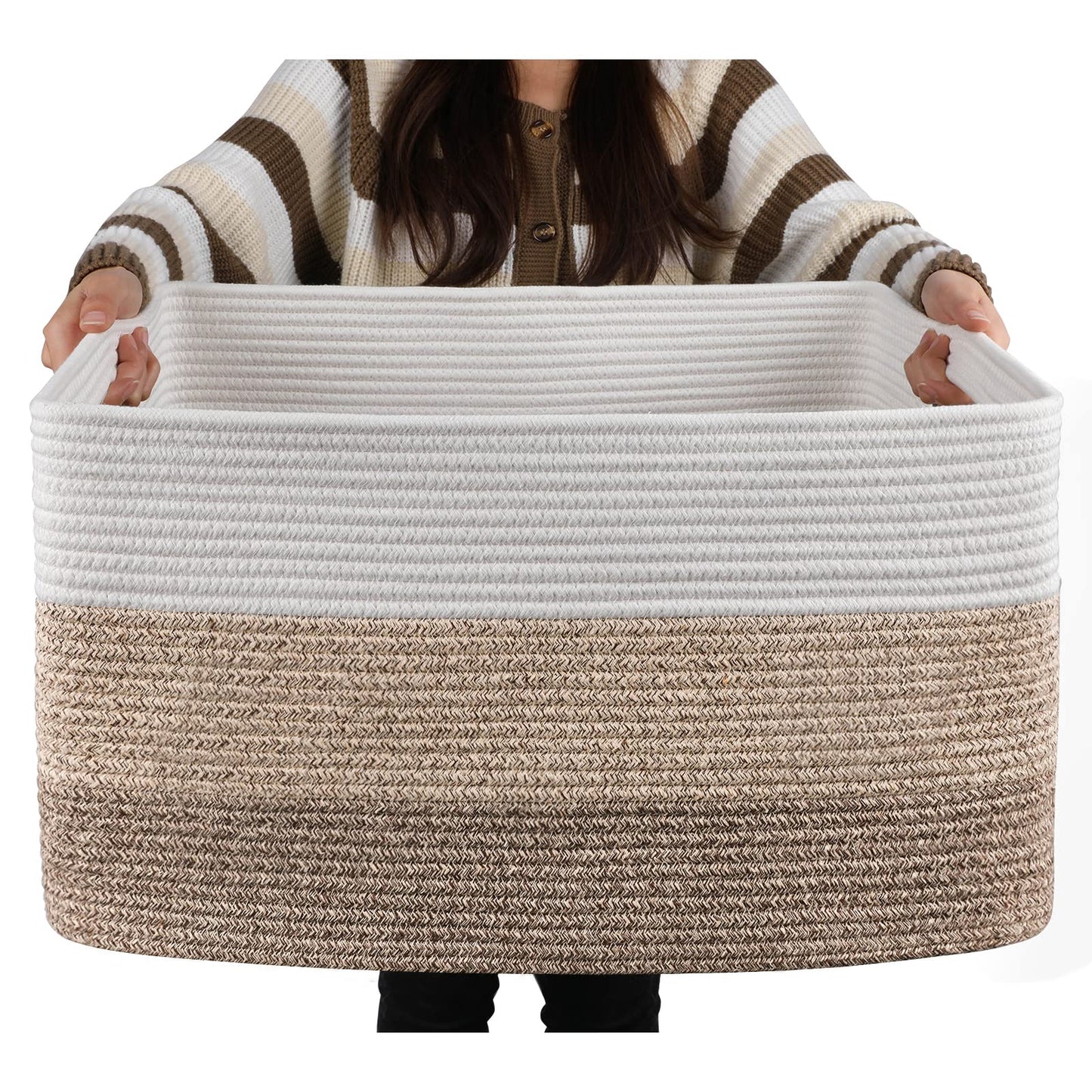 OIAHOMY Large Blanket Basket 22”x17”x12”, Woven Nursery Cotton Rope Baskets for Storage, Living Room, Toy Organizing With Handle-Gradient Yellow