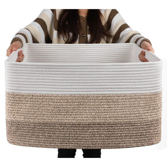 OIAHOMY Large Blanket Basket 22”x17”x12”, Woven Nursery Cotton Rope Baskets for Storage, Living Room, Toy Organizing With Handle-Gradient Yellow