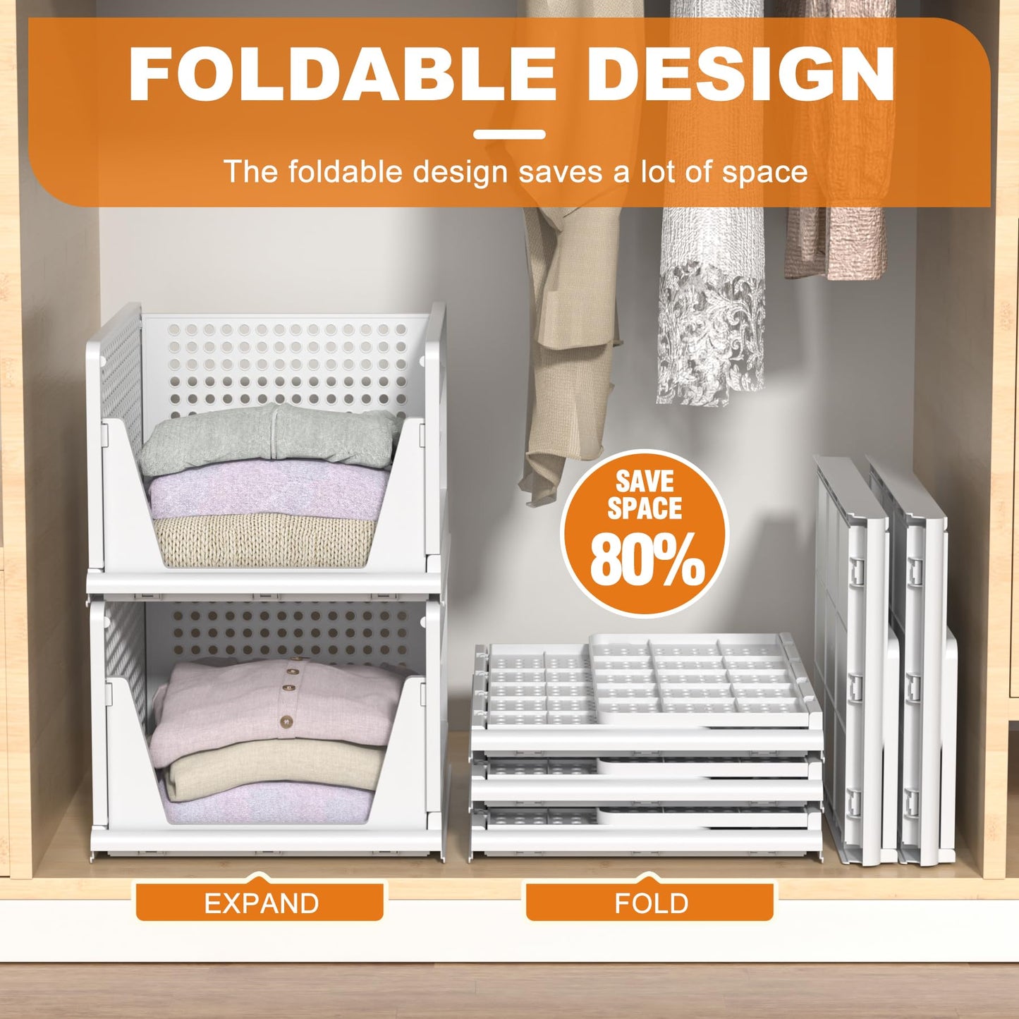 Stackable Plastic Storage Basket , Foldable Closet Organizers and Storage Bins, Drawer Organizer for Clothes, Storage Box for Wardrobe Kitchen Bathroom Office Dorm - 4 Pack XL