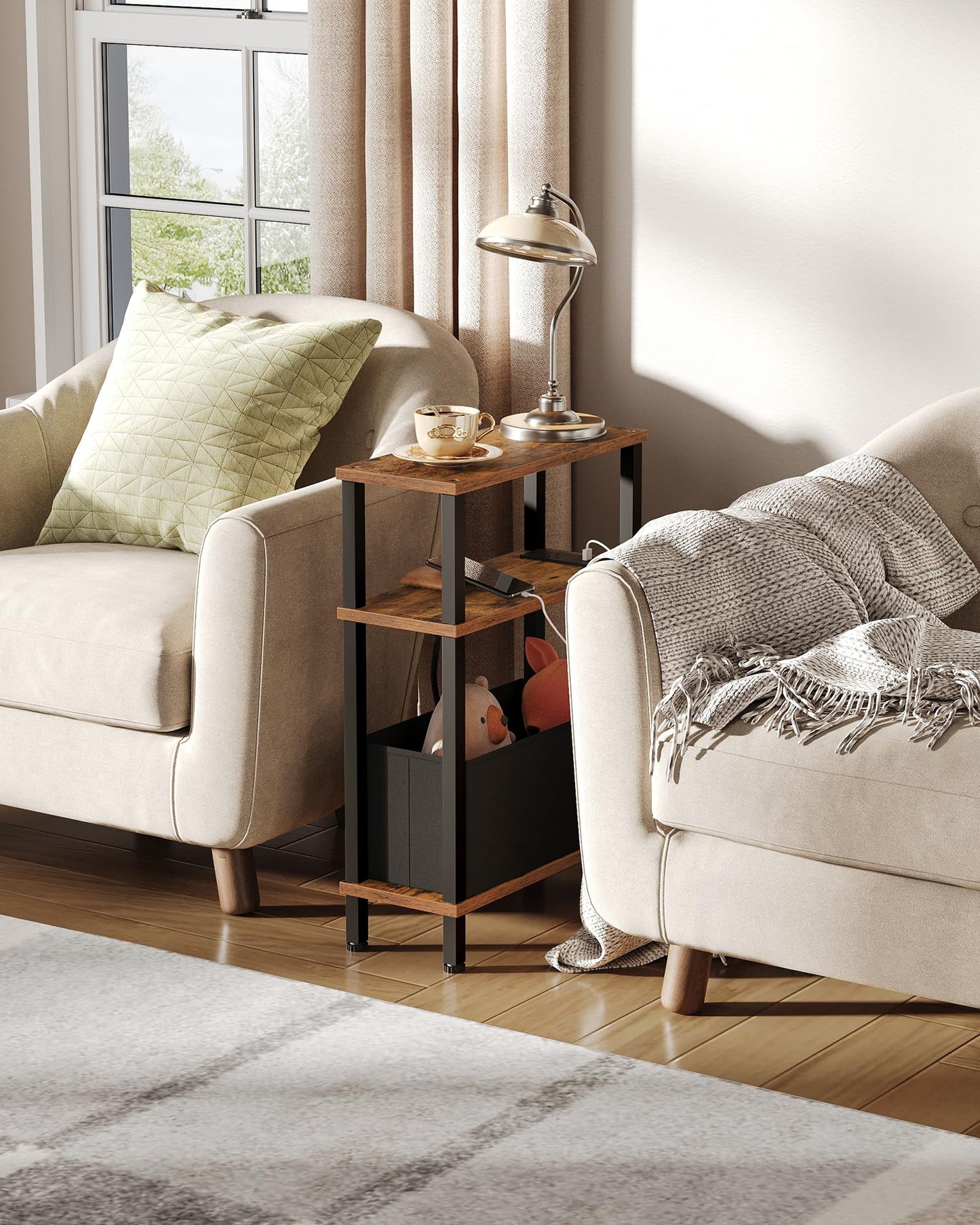 CHOEZON Narrow Side Table with Charging Station, Small End Table with Fabric Basket, Slim Nightstand for Small Spaces, Skinny Side Table, for Living Room, Bedroom, Rustic Brown and Black TBZ07UBF