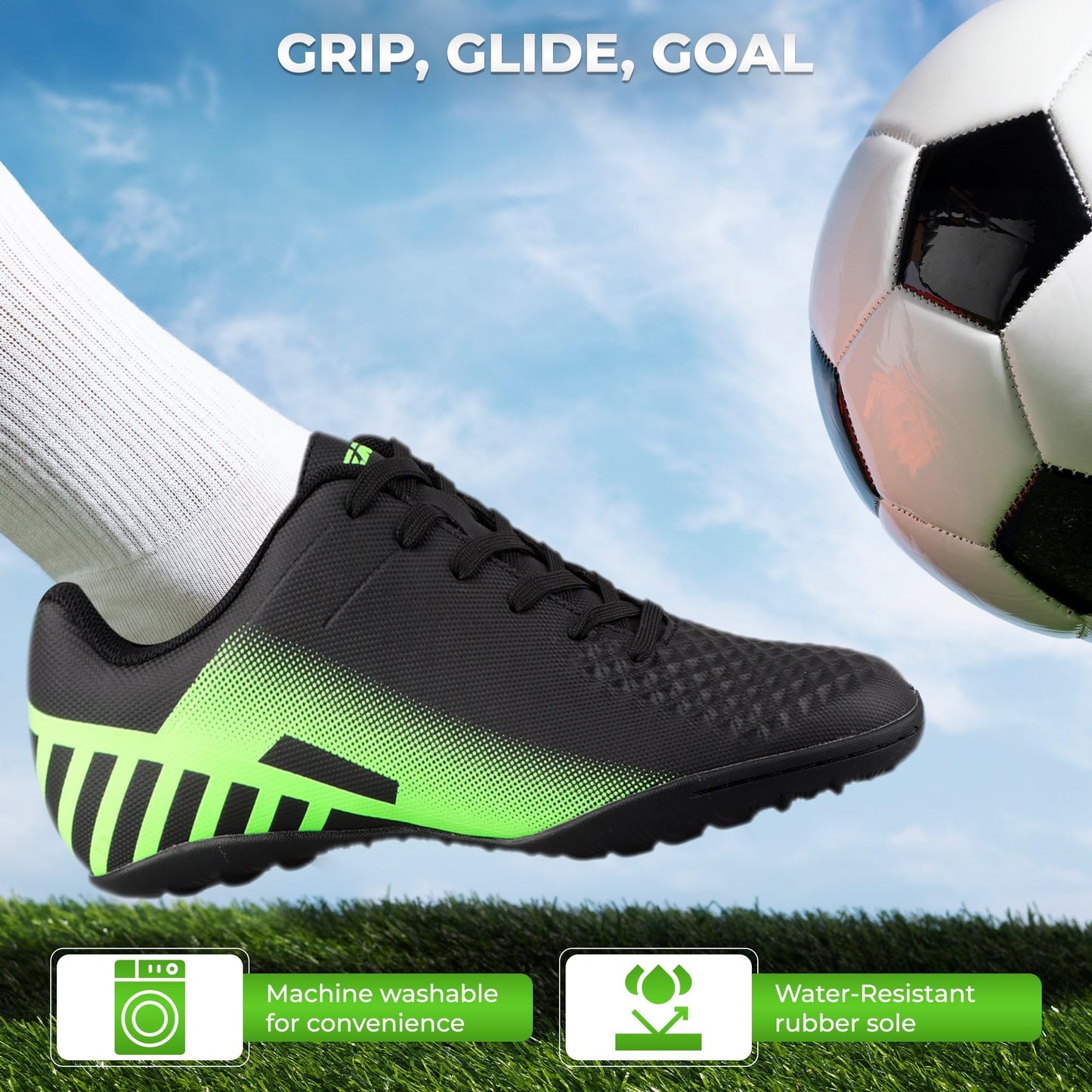 Vizari Santos Turf Soccer Shoes for Teen & Adult | Lightweight Football Turf Shoes with Dual Color Synthetic Upper | Durable Athletic Turf Shoes with Rubber Outsole for Men and Women, Black/Green, 10