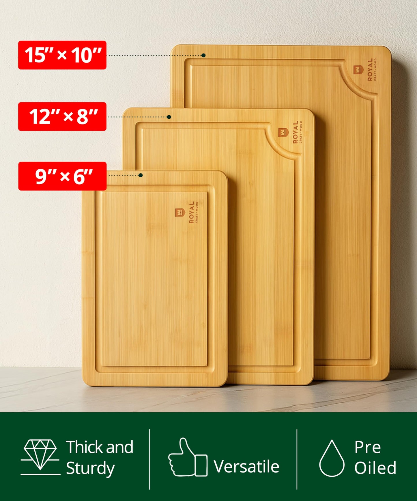 Large Wood Cutting Board Set for Kitchen - Luxury Bamboo Cutting Boards for Bread, Cheese, Fruits, Vegetables - Sturdy Chopping Boards & Butcher Block - Perfect Serving Tray and Charcuterie Boards