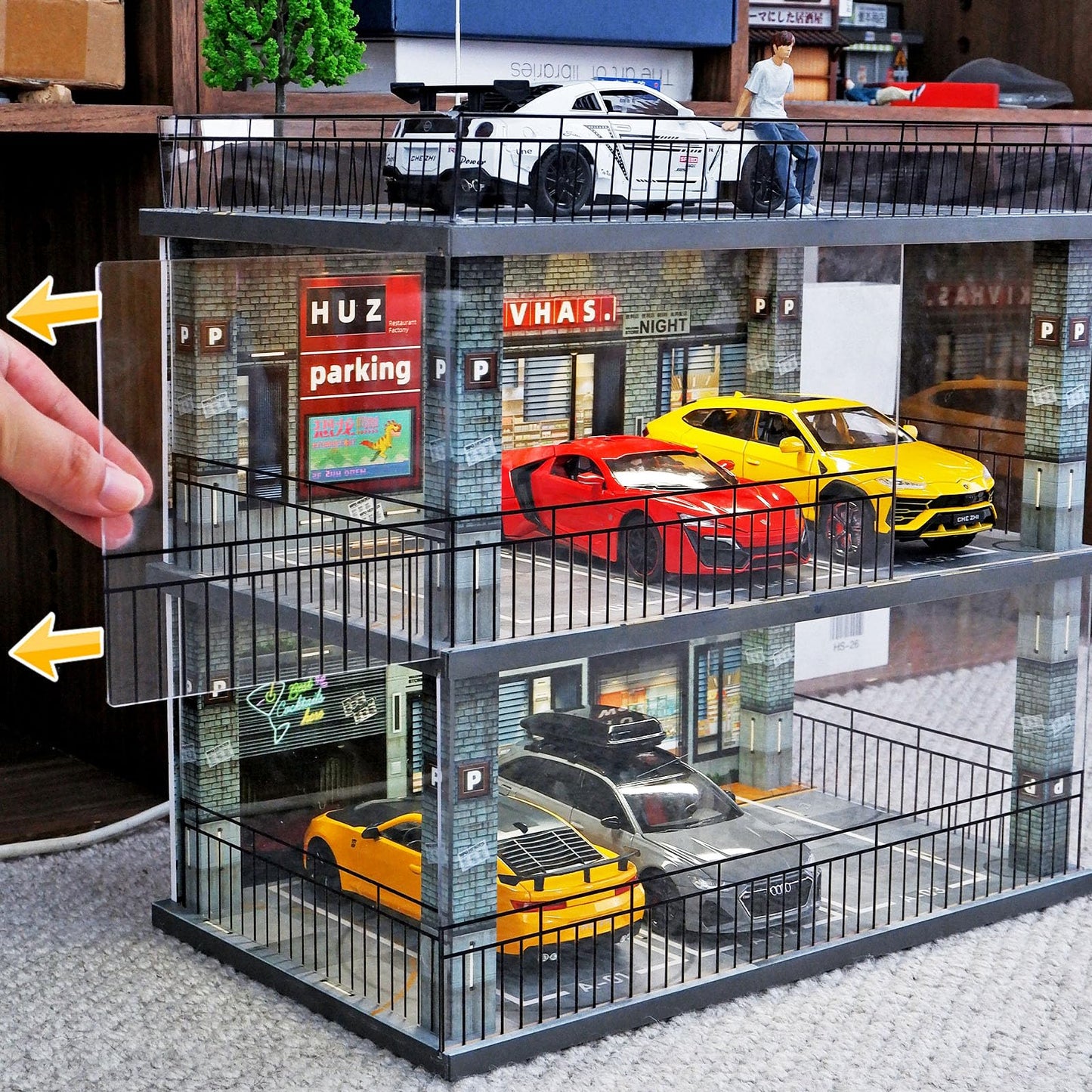 kivcmds Model Car Display Case 1:24 Scale Diecast Cars Diorama Garage Parking lot Collectibles Alloy Car Model Showcase Box Dustproof Storage Shelf with Lights