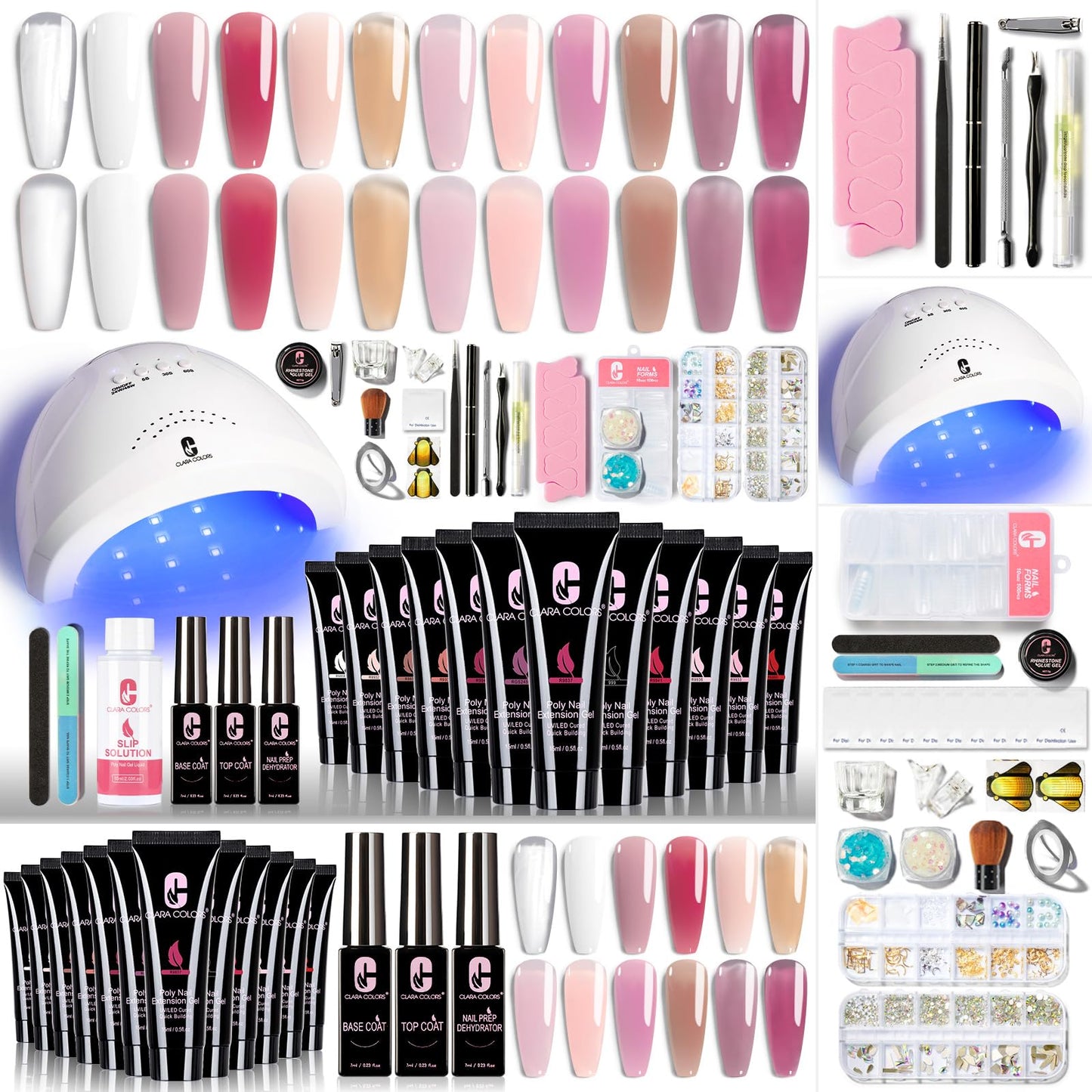 Clara Colors Poly Extension Gel Nail Kit-12 Colors Poly Kit with 48W LED Nail Lamp All In One Poly Nail Gel Starter Kit with Slip Solution and Tools for Nail Art DIY Soak Off UV Salon Home Gift for Women&Girls