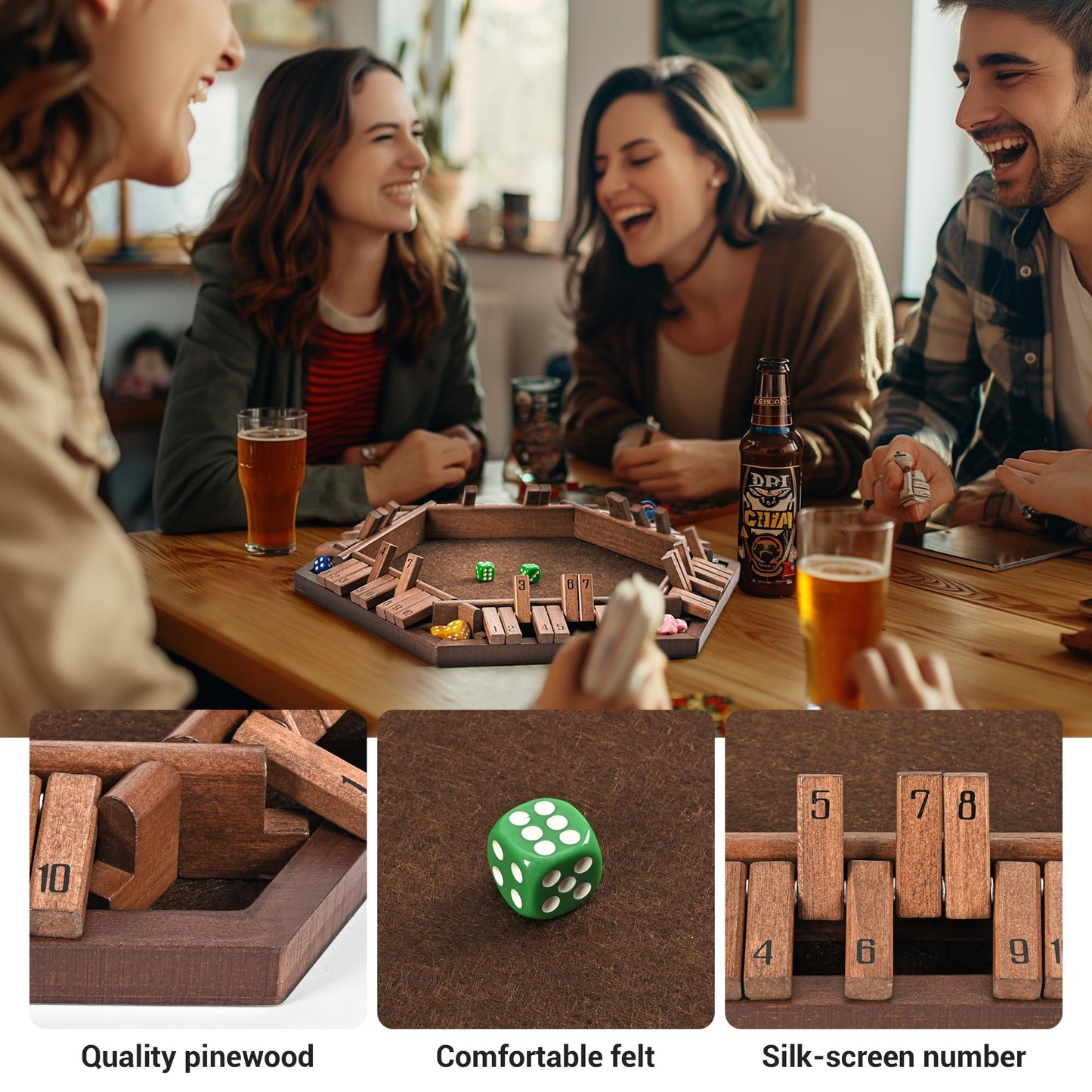 ropoda 6-Way Shut The Box Game-Upgraded 1-6 Player Wooden Dice Game for Adults and Kids, Addition Training, Fun for Family Game Night-Vintage Style