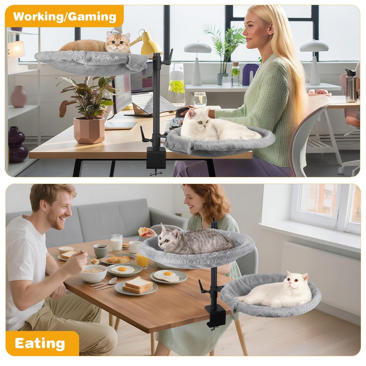 Double Cat Desk Bed - 2 Large Layers Cat Perch with 360° Rotating & Adjustable Height, Kitten Nest for Desktop with 2 Washable Soft Covers, Kitten Hammock Bed Mount for Home Office Grey