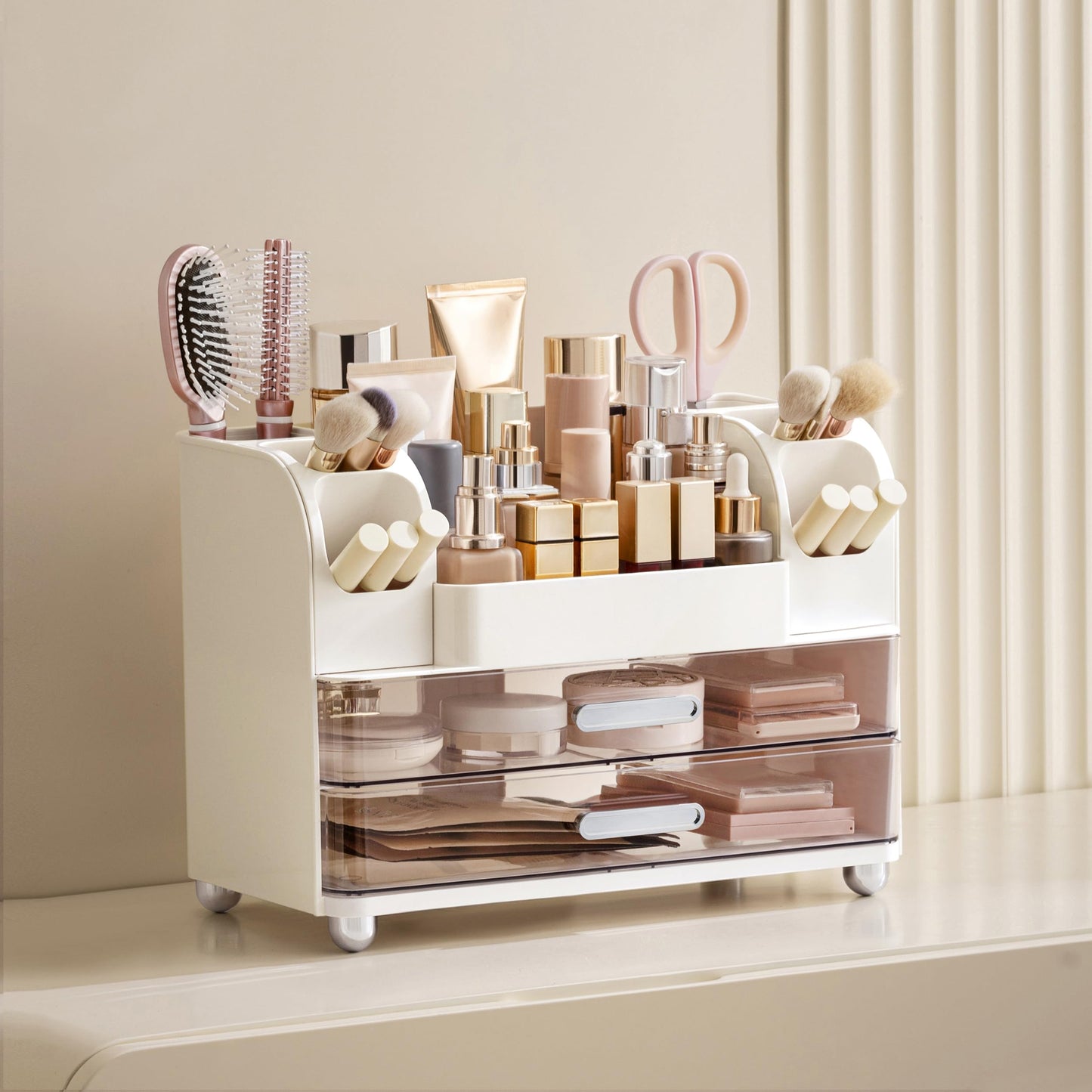 HBlife Makeup Organizer for Vanity with Brush Holder, Large Bathroom Countertop Cosmetic Organizer Skin Care Storage, Easy to Store Lipsticks, Nail Polishes, Perfumes, Eyeshadow Palettes, White