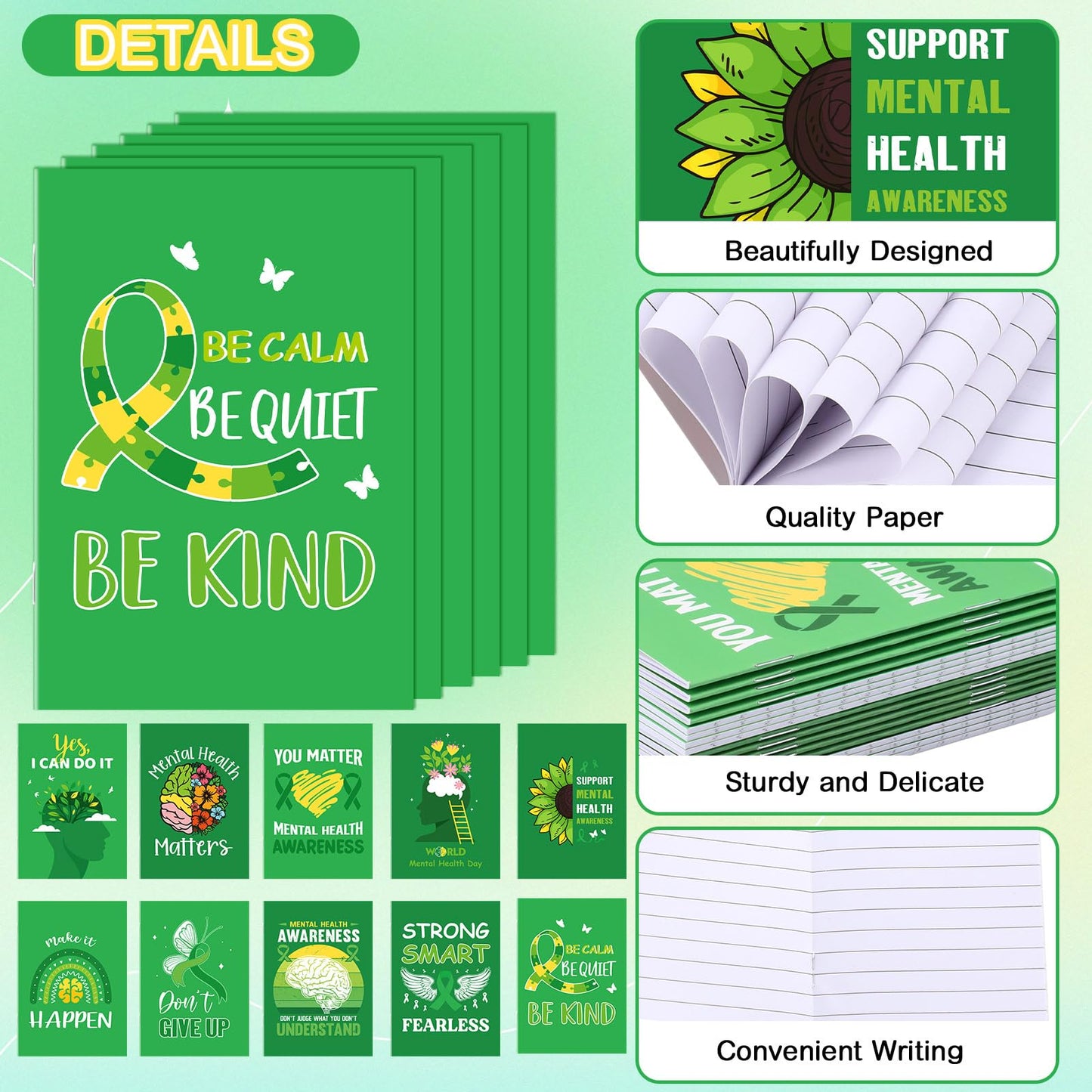 Dinifee 100 Pcs Mini Mental Health Notepads Small Memo Pad Notepads Bulk Mental Health Awareness Green Ribbon Pocket Notebooks, 10 Styles