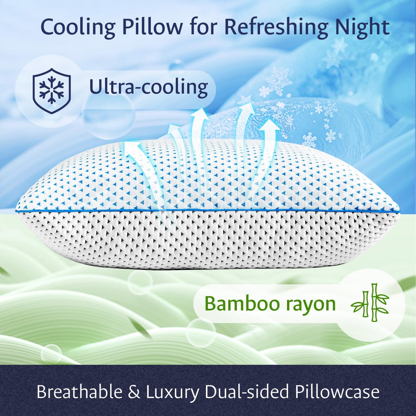 Cooling Gel Memory Foam Pillows Queen Size Set of 2 for Sleeping,Bamboo Rayon Adjustable Firm Shredded Foam Bed Pillows 2 Pack for Side, Back, Stomach Sleepers Luxury Washable Breathable Pillowcase