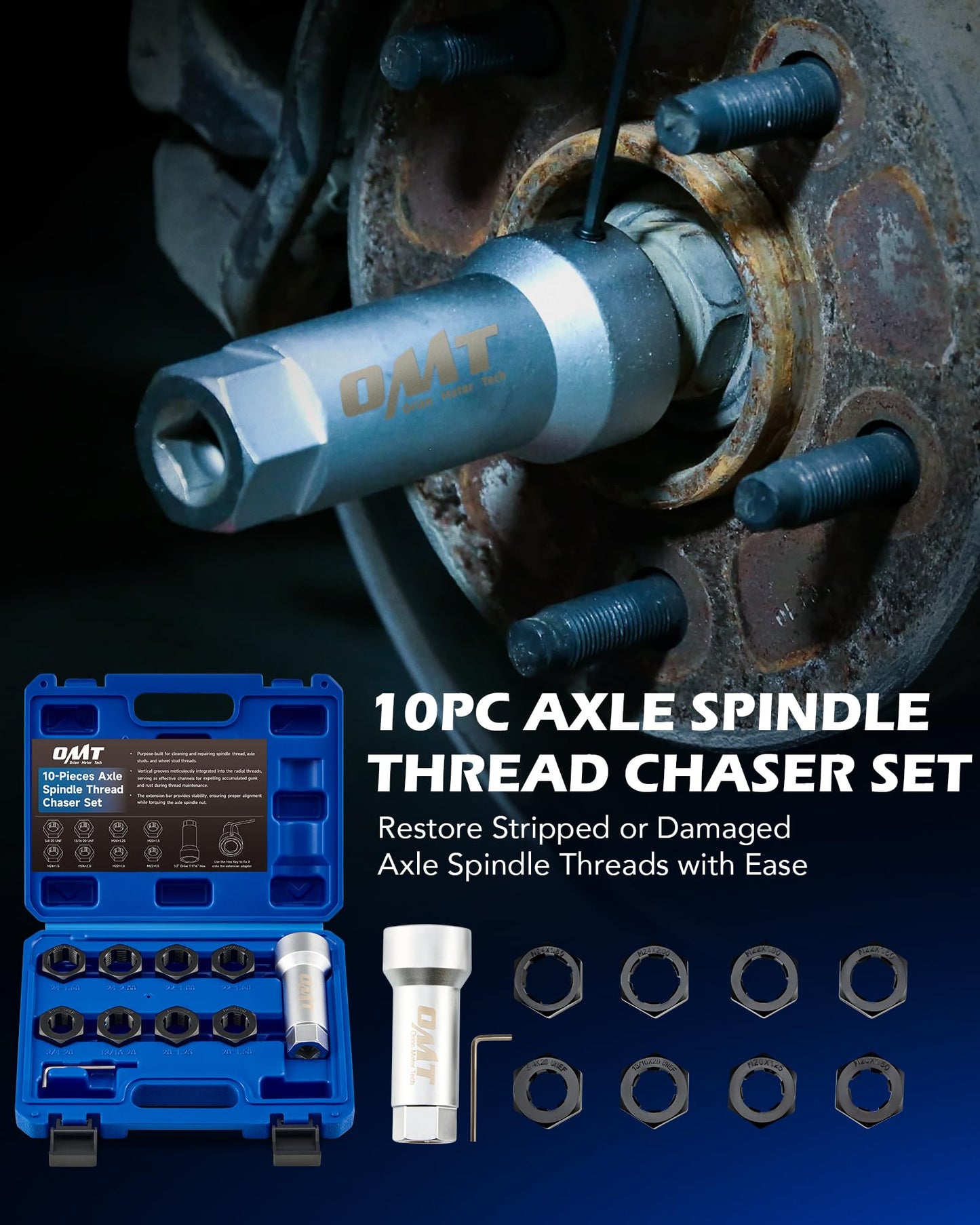 Orion Motor Tech 10pc Axle Spindle Threading Set, Axle Thread Repair Kit with 8 Dies 1-1/16" Extension Bar, Axle Nut Rethreader with M20 M22 M24 & 13/16" 3/4" UNEF Nuts, Rethreading Tool Kit with Case