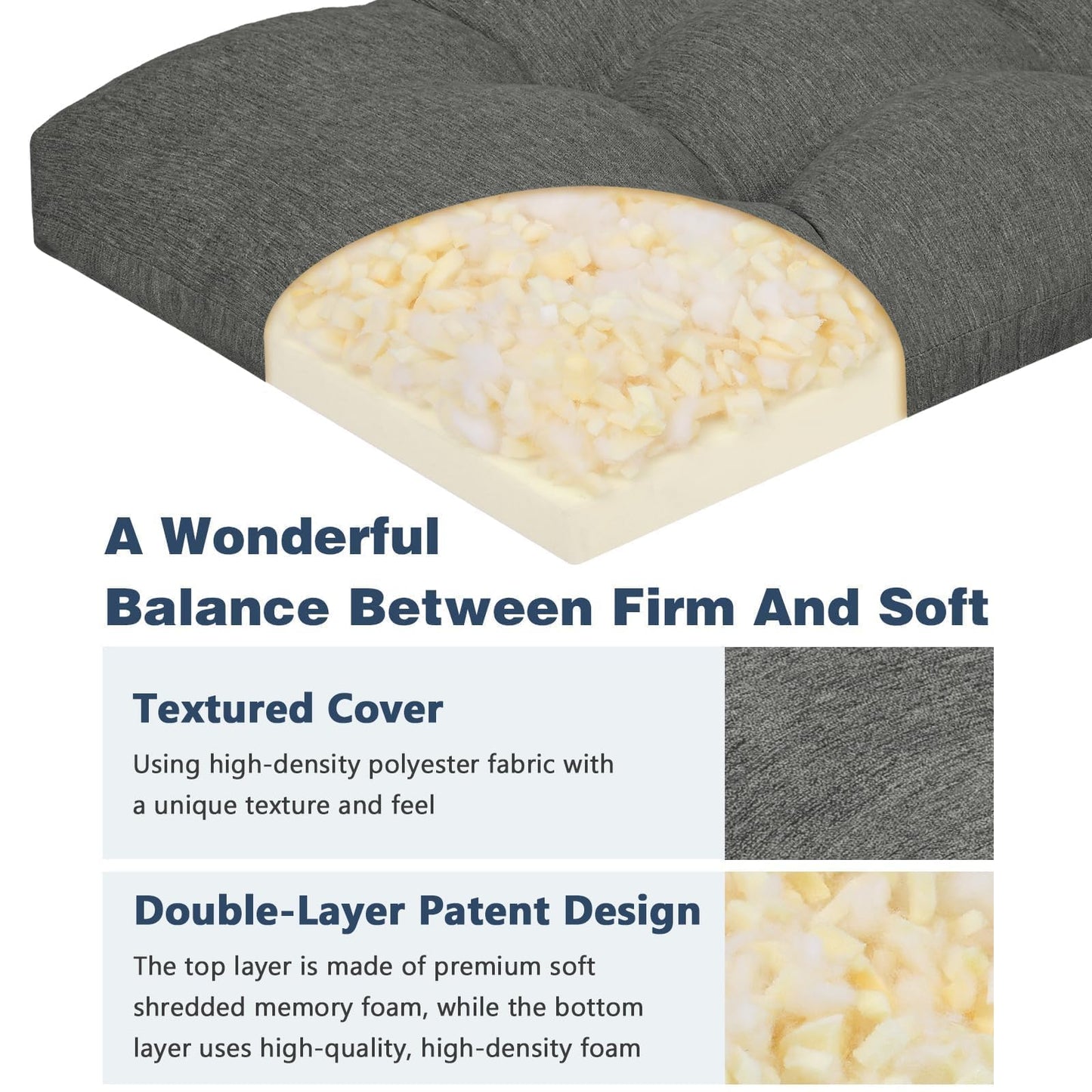 baibu 36 Inch Dual-Layer Patent Design Memory Foam Bench Cushion,Super Soft Indoor Outdoor Rectangle Bench Seat Cushion Standard Size Foam Pad with Non-Slip Bottom (Grey, 36x15x3In)