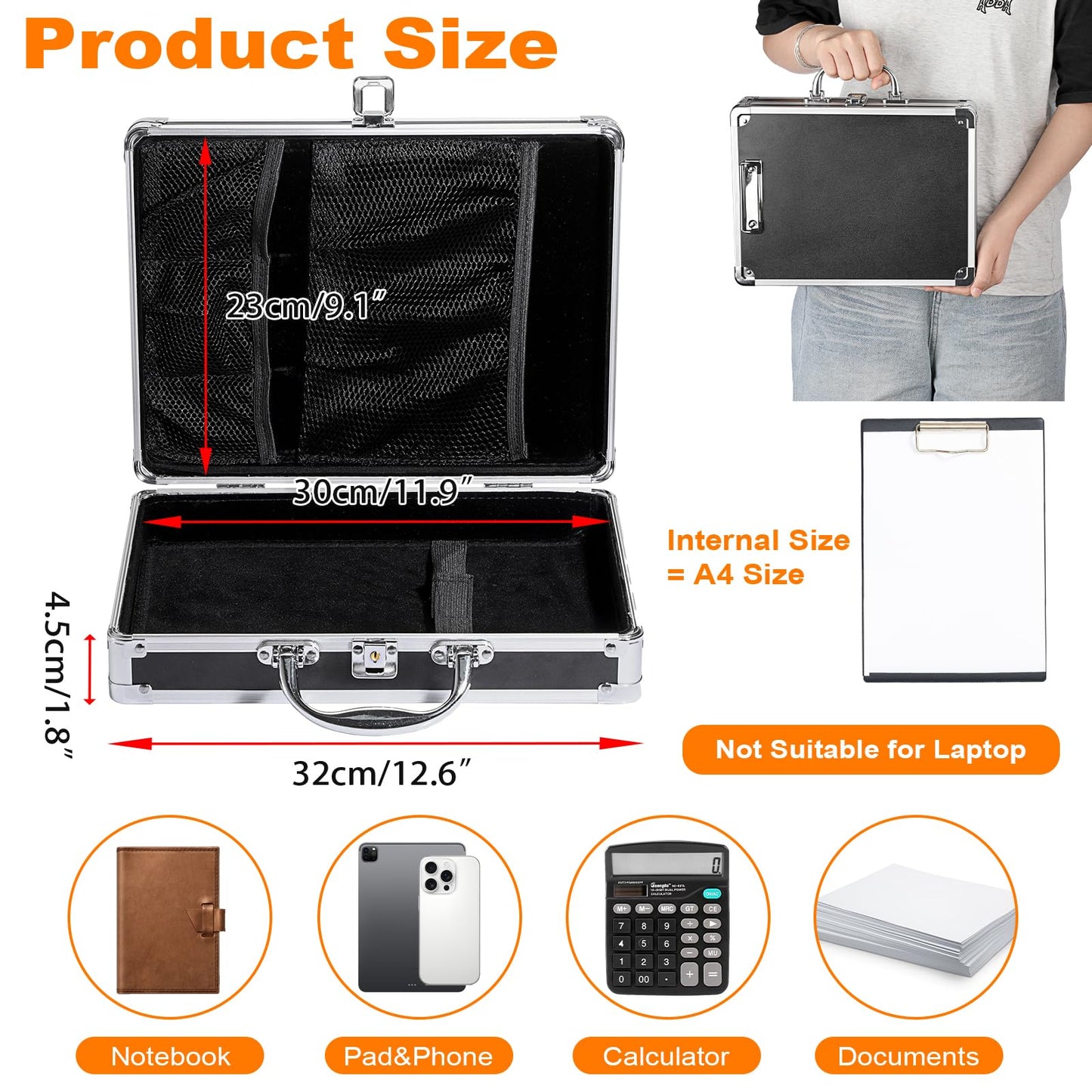 JuxYes Locking Clipboard Storage Box with Handle and Key, Aluminum Clipboard Case Portable Small Briefcase with Binder, Metal Letter Size Paper Organizer for Office Business Men, Silver Black