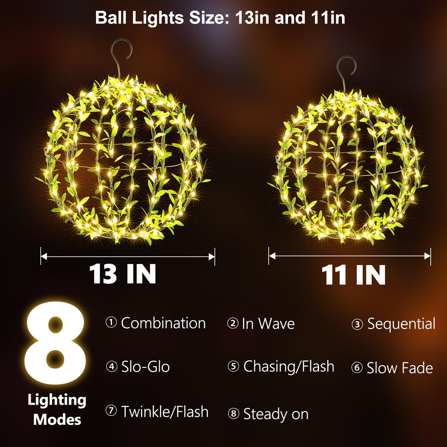 Joomer Solar Hanging Ball Lights Outdoor, 2-Pack 13in + 11in Total 264 LED Solar Globe Lights, 8 Modes Waterproof Metal Sphere Lights with Hooks for Patio Garden Decor - Warm White