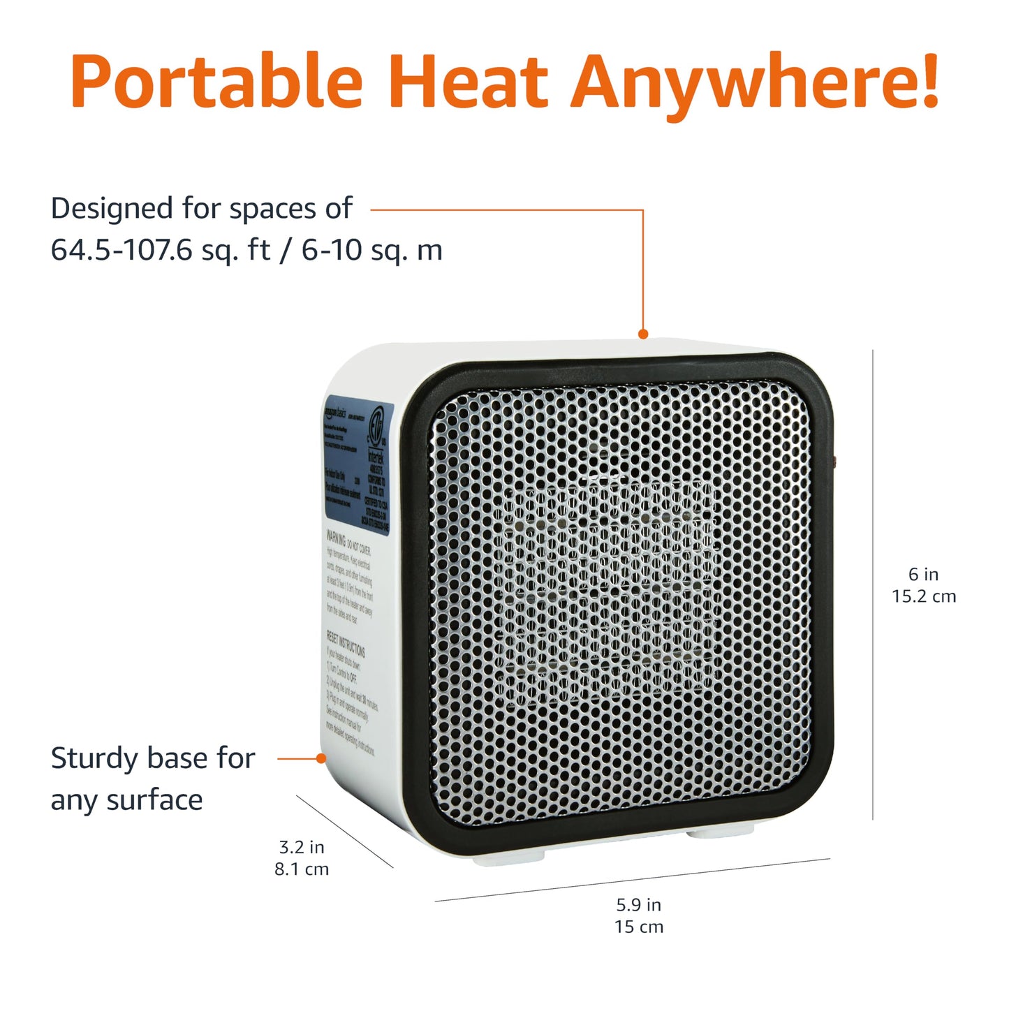 Amazon Basics Ceramic Space Heater, Mini Heater for Office Desk, Portable Tent Heater (Indoor Use), With Tip-Over Protection, Lightweight (0.64 kg), White, 5.87”D x 3.15”W x 5.95”H