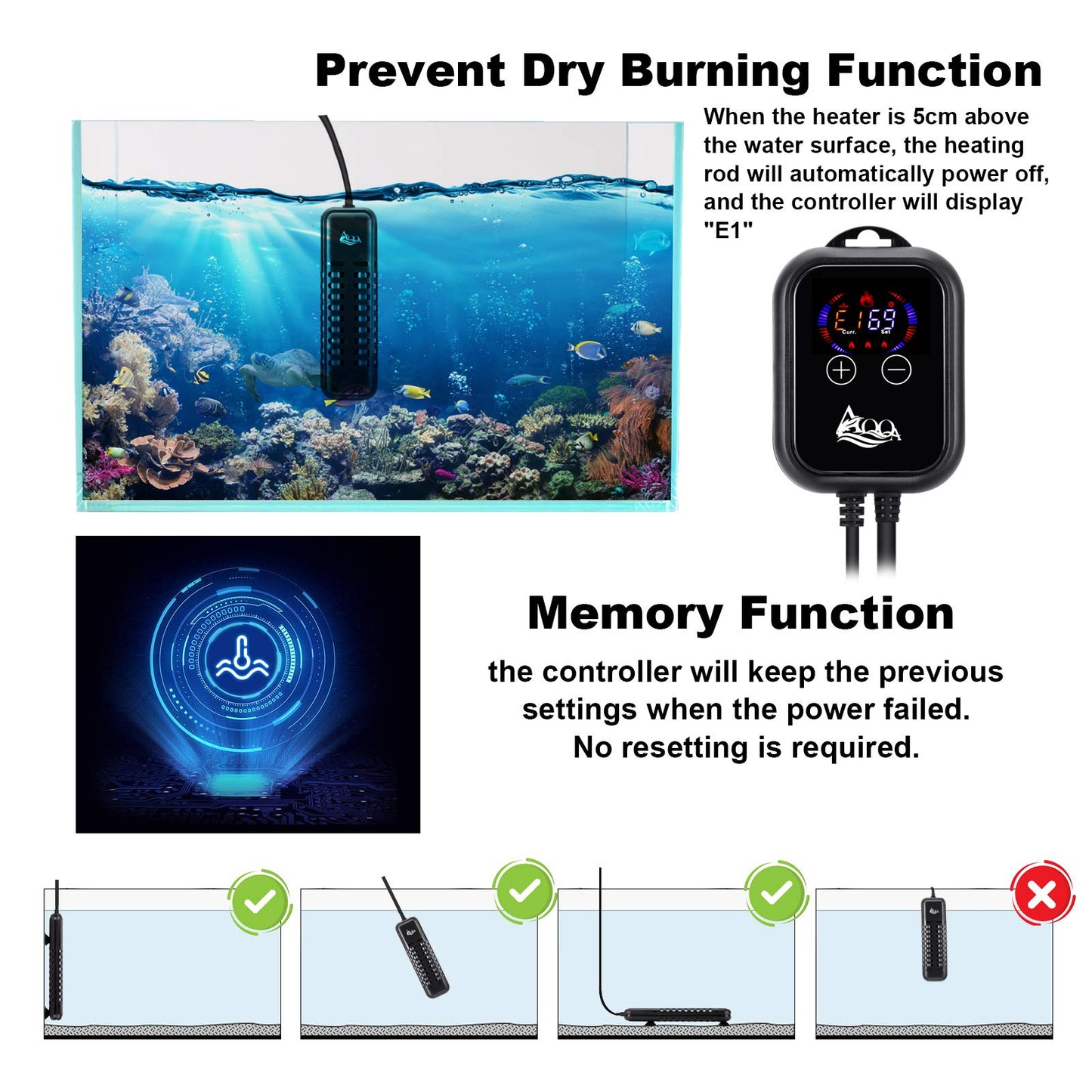 AQQA Submersible Aquarium Heater,100W/200W/300W/500W/800W/1200W Fish Tank Heater,External Temperature Controller LED Temperature Display with 2 Suction Cups Suitable for Marine Saltwater Freshwater