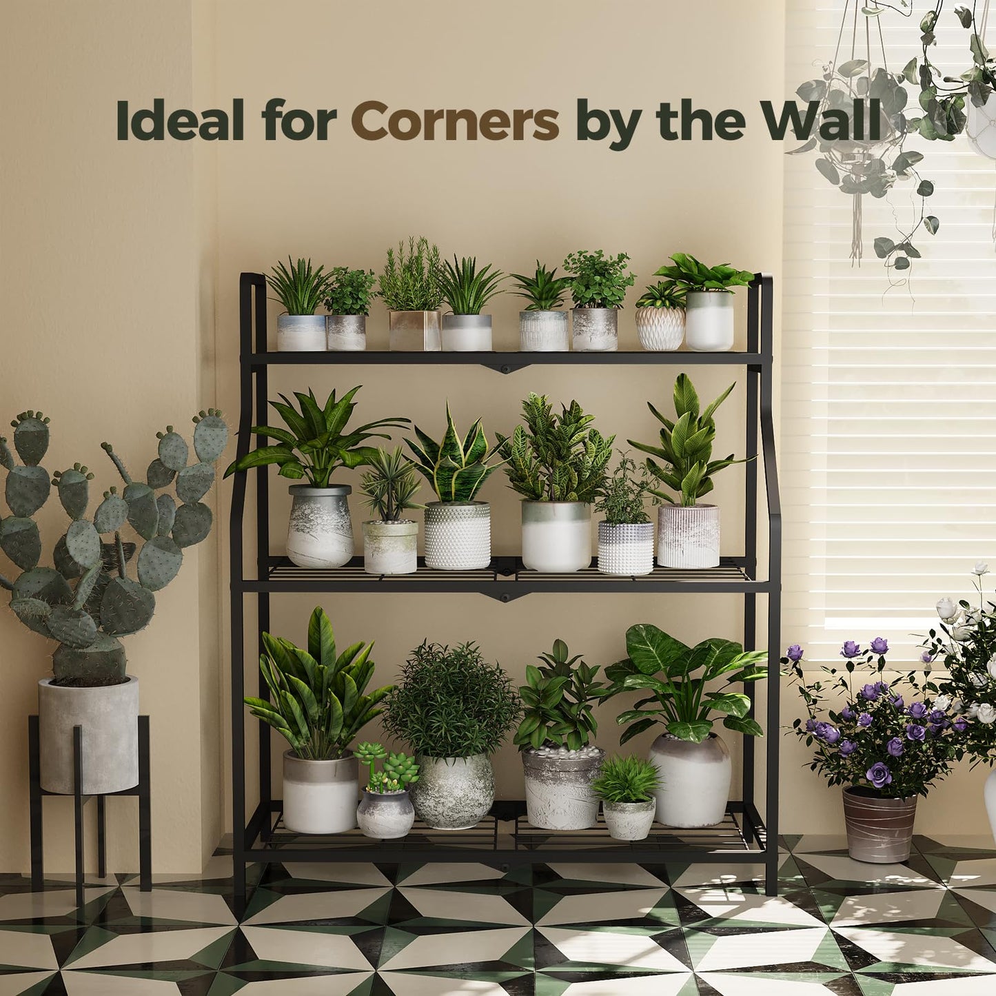 Bamworld Metal Plant Stand Indoor Outdoor, 3 Tier Plant Shelf for Multiple Plants, Large Heavy Duty Flower Pot Stands for Patio Garden Balcony Living Room Bedroom