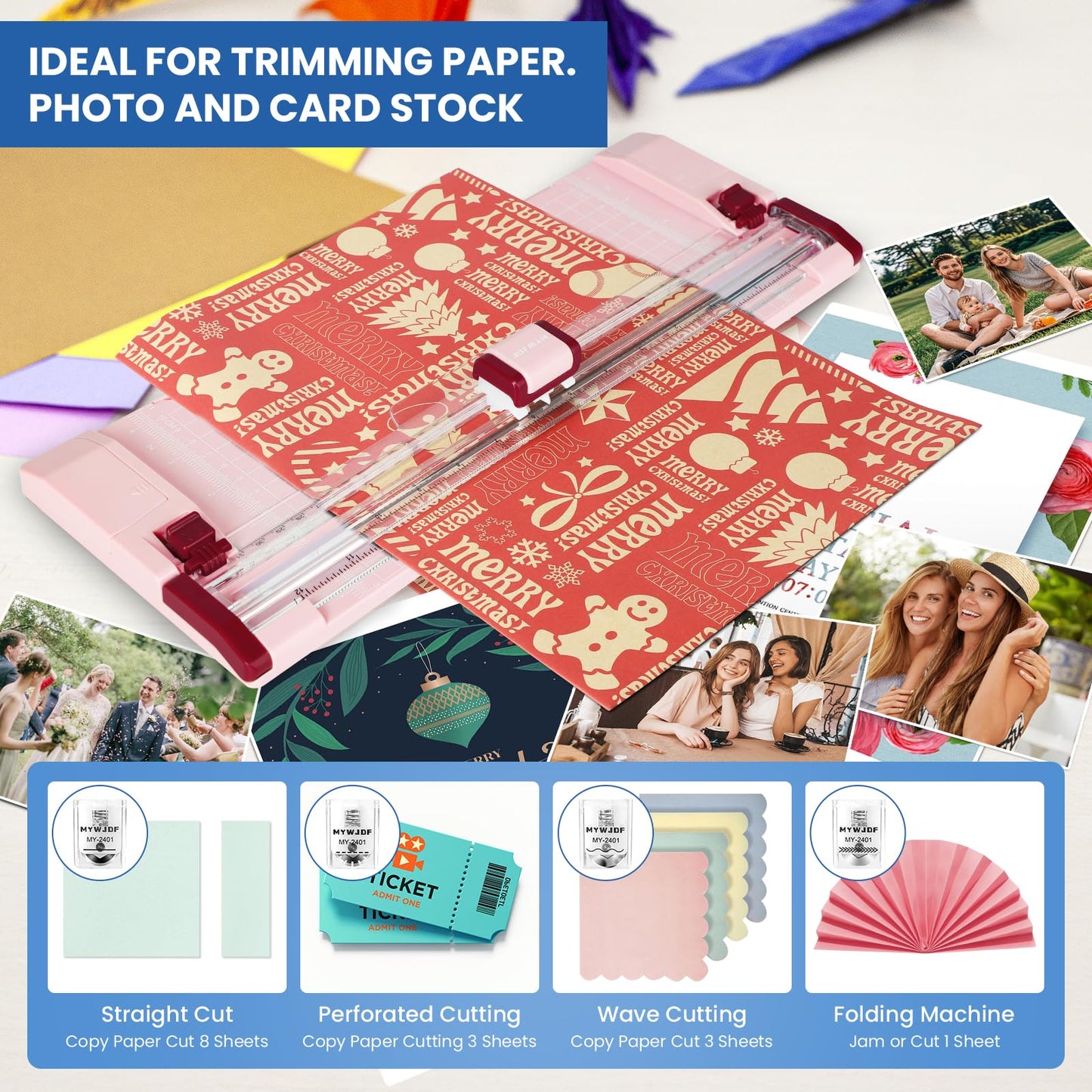 Paper Cutter Pink Rotary Paper Trimmer, 12 Inch Paper Cutter for Cardstock, Scrapbooking & Crafts, 4 Functions with 5 Blades, Automatic Security Safeguard, Side Ruler for Cutting Coupons, Photos,