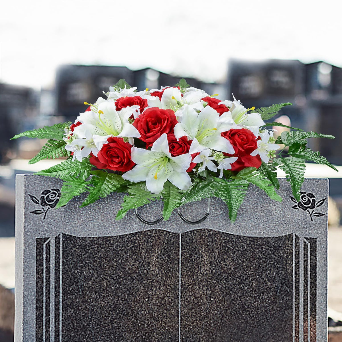 Artificial Headstone Flower Saddles for Graves, Cemetery Memorial Flowers for Outdoor Tombstone Decorations, Artificial Lily Rose Saddle Flowers