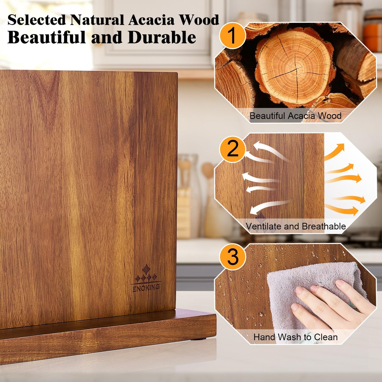 Extra Large Magnetic Knife Block, Double-Sided Acacia Wood Knife Holder with Built-in Powerful Magnetic Strips, 15.2" Universal Knife Storage Organizer for Kitchen Counter, No Drilling Required