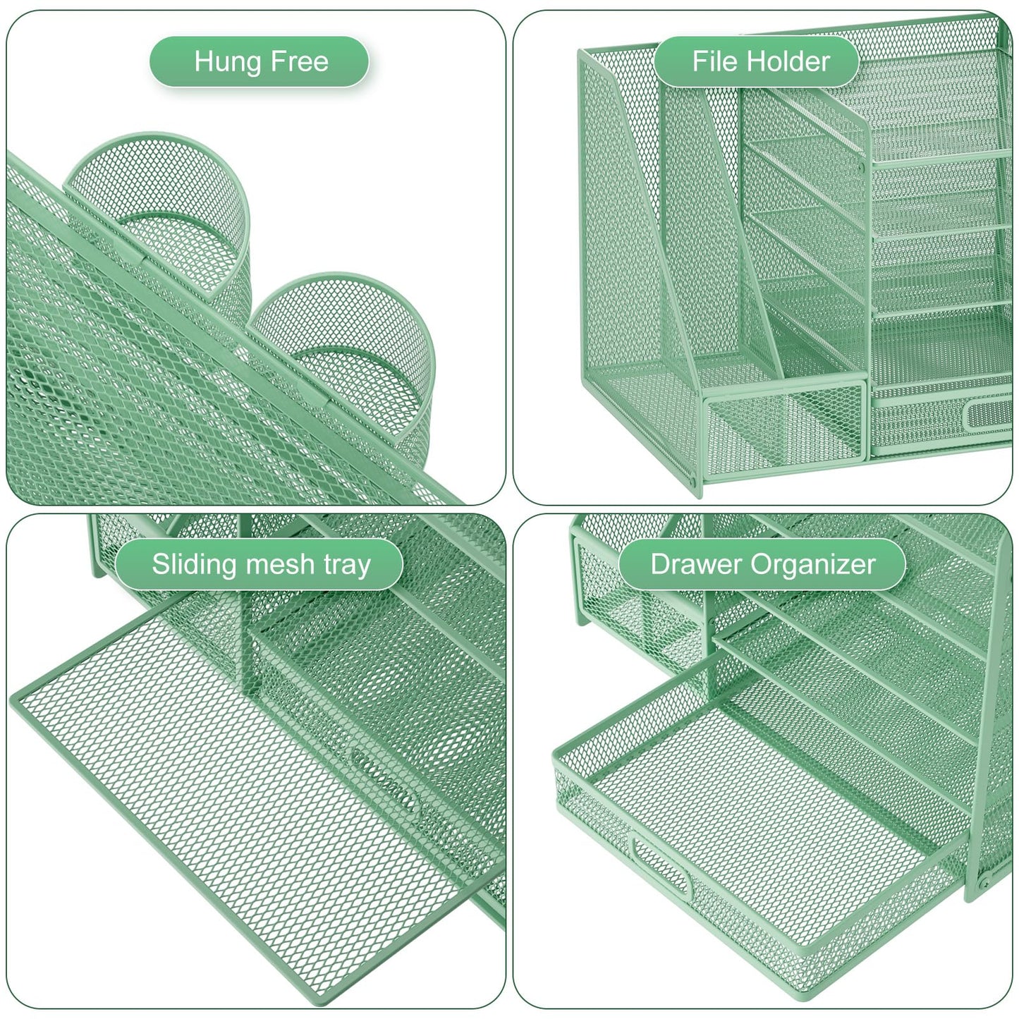 Marbrasse Desk Organizer with File Holder, 5 Tier Paper Letter Tray with Drawer and 2 Pen Holders, Document Organizer with Magazine Holder for School, Home, Office Supplies (Green)