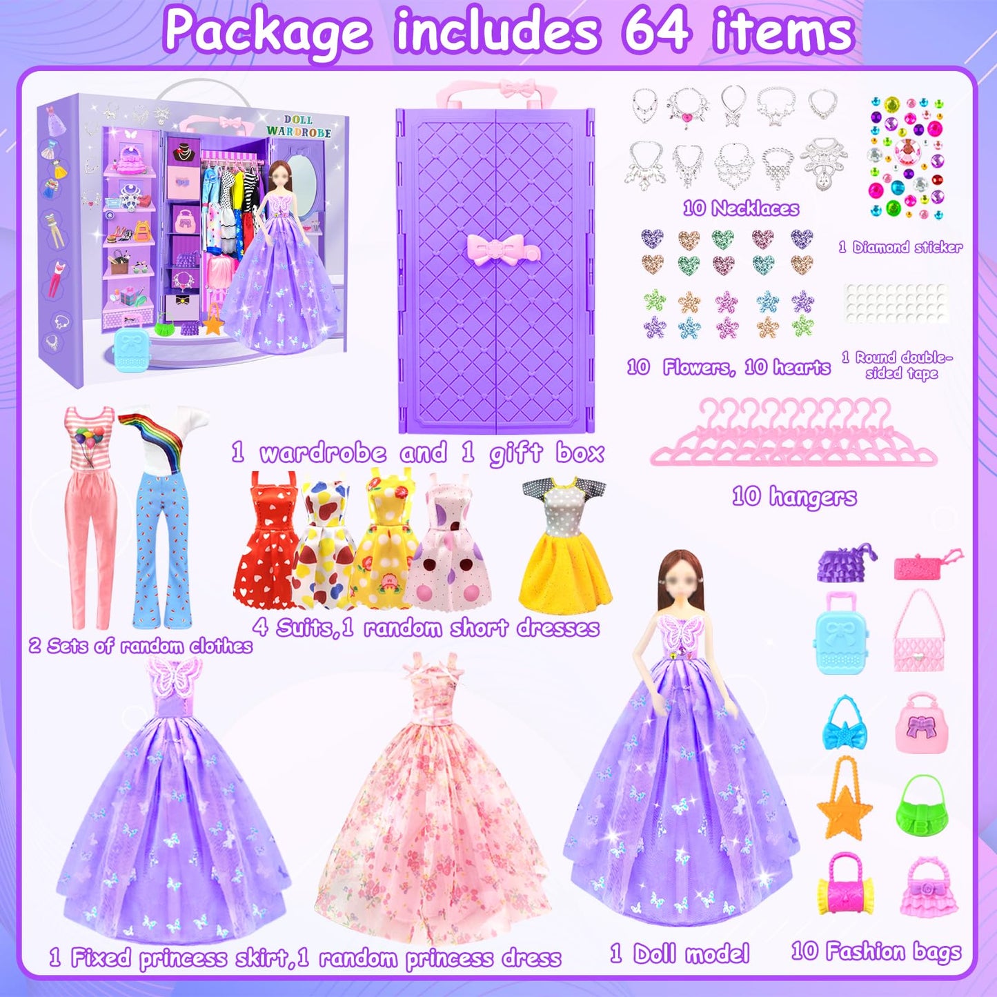 75Pcs Doll Clothes and Accessories with Doll Closet for 11.5 Inch Doll Dress up Set with 1 Doll Fashion Dresses Outfits Tops and Pants Rack Bags Gift Toy for Girls 4 5 6 7 8 9 10 Years