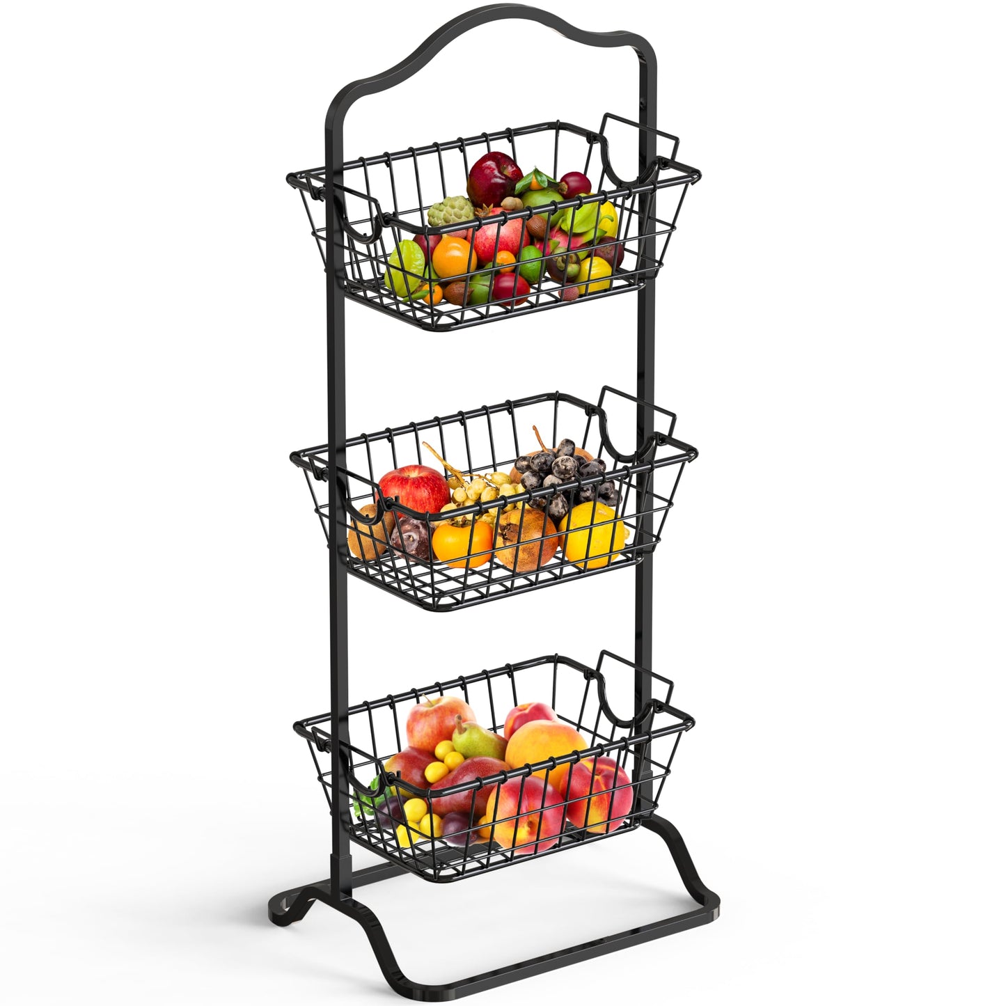 Simple Houseware 3-Tier Rigid Wire Market Fruit Basket Stand Organizer Shelf, Large 45x34x125cm, Black