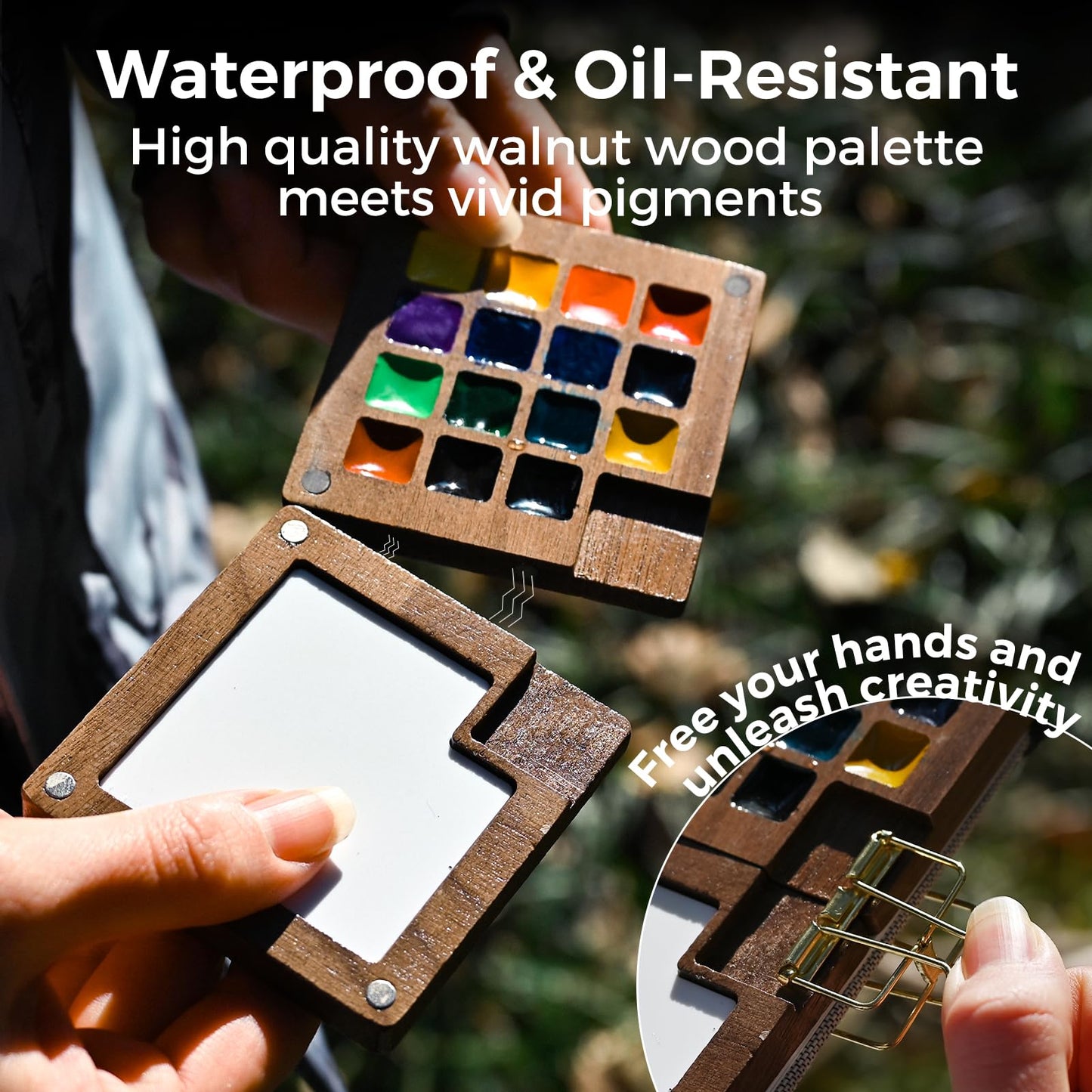 Funto Mini Watercolor Paint Set, All-In-One Walnut Wood 15-Color Premium Pocket Travel Paint Kit, with Crossbody Bag,Watercolor Journal, Metal Clip, Paint Water Cup, Water Brush Ideal for Art Lovers