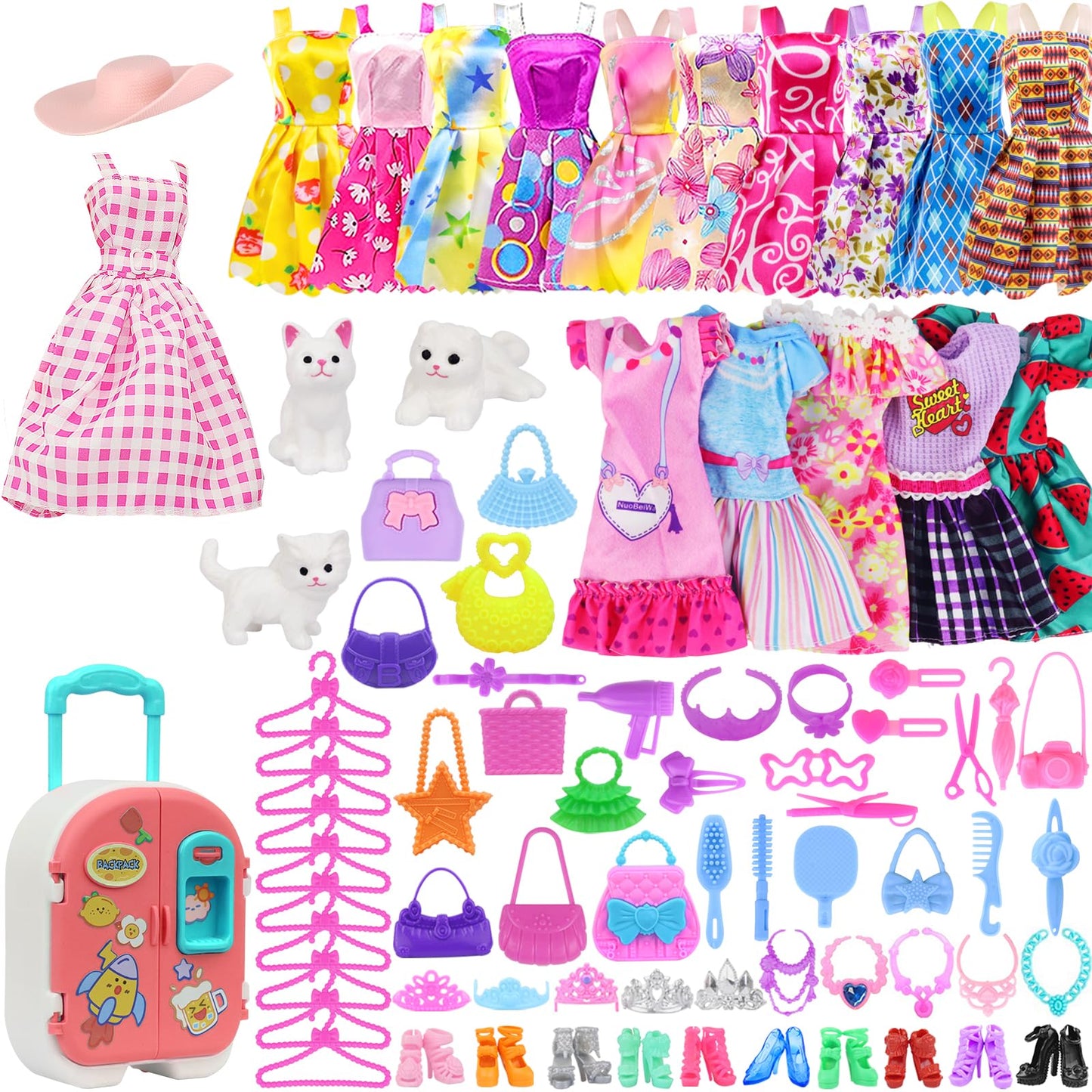 AK KYC 83 Pcs Dolls & Accessories with Doll Closet Wardrobe for 11.5 Inch Doll Dress Up Set Including Wardrobe Shoes Wallet Dress Hangers Brush Necklace Pet and Other Accessories (No Doll)