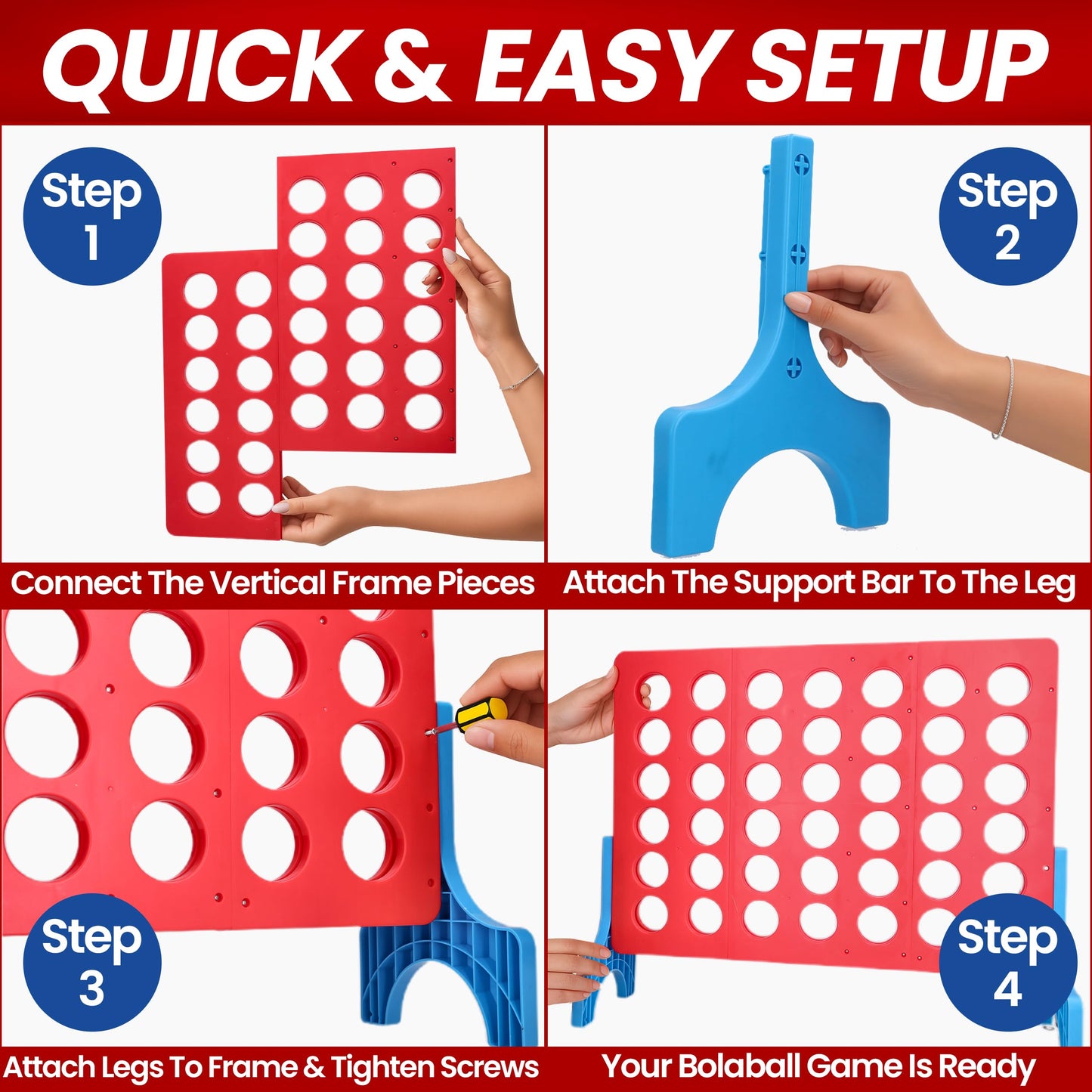 Bolaball Giant 4 Connect in a Row | Big Indoor/Outdoor Four in a Row Board Game | Kids and Family Edition | Jumbo Size 27 in by 22 in. | Red, Blue, and Yellow