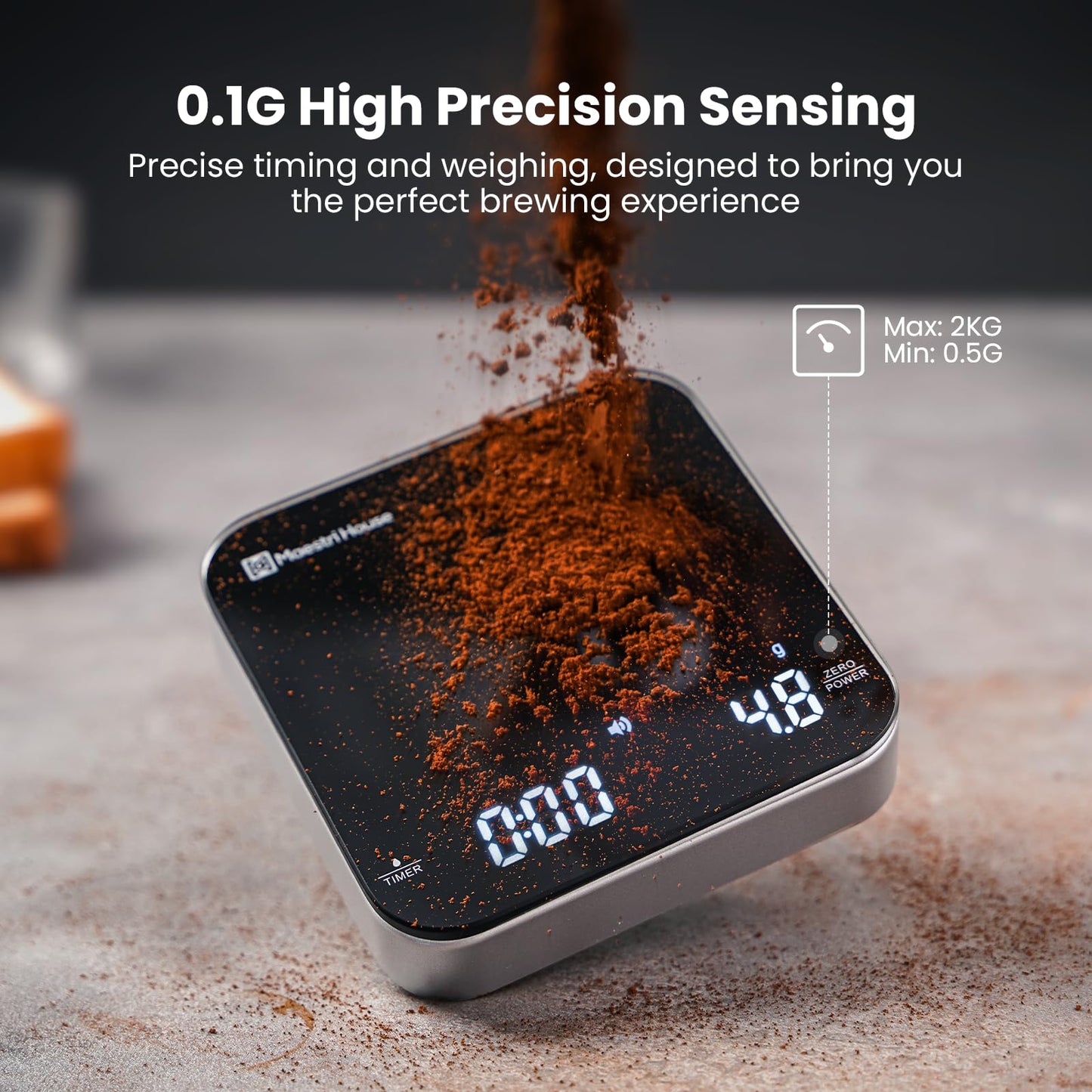 Maestri House Coffee Scale with Timer, Digital Kitchen Scale, 2kg/0.1g Precision, Rechargeable, with Calibration Weight