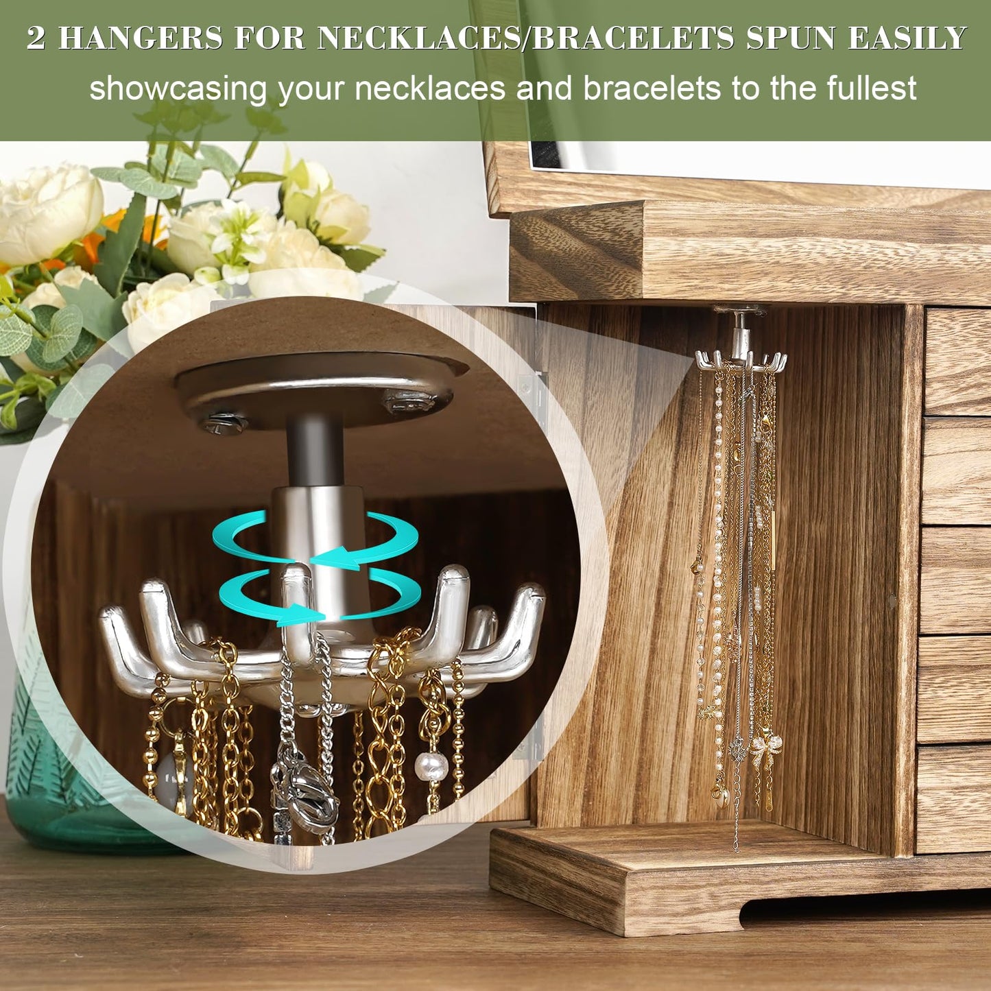 Emfogo Jewelry Box for Women Girls, Rustic Wooden Jewelry Organizer Box with Mirror, 5 Layer Jewelry Storage Case Display for Necklaces Earrings Rings Bracelets Valentine's Day Gifts