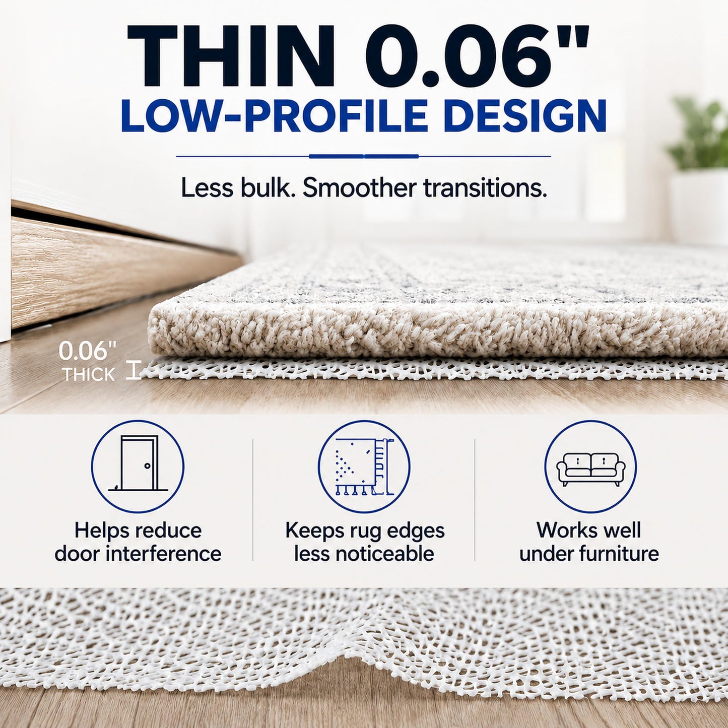 AG HOME 8x10 Non Slip Rug Pad for Area Rugs, 0.06" Thin Low Profile Gripper, Helps Keep Rugs Flat & in Place, Door & Robot Vacuum Friendly, Cuttable Anti Skid Mat for Hardwood, Tile & Laminate Floors