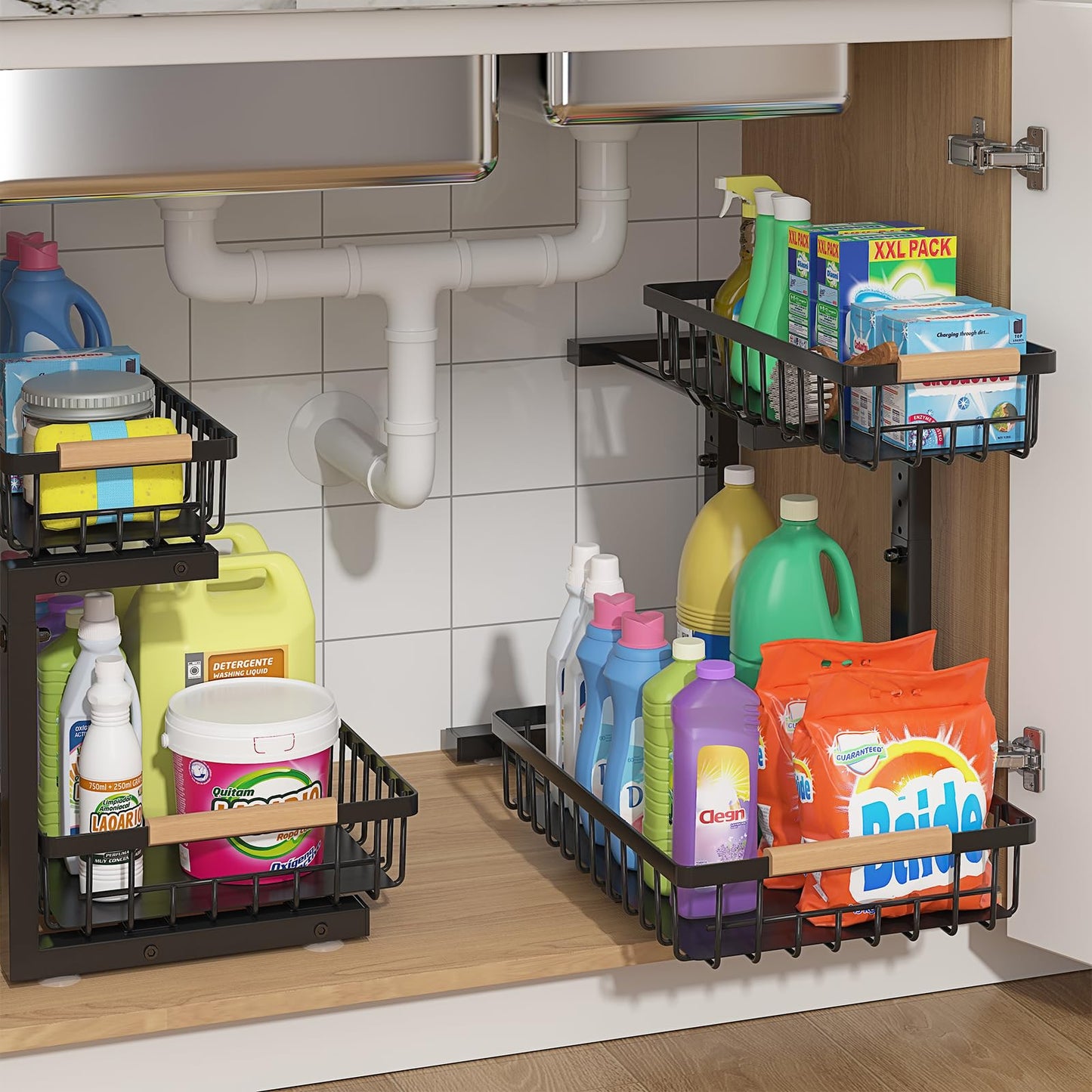 ADRIMER 2 Tier L-shaped Under Sink Organizer, Pull Out Kitchen Organizers and Storage, Undersink Organizers and Storage for Kitchen Bathroom, Height Adjustable, Black