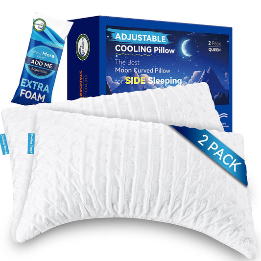 Cooling Side Sleeper Pillows for Adults, Curved Pillow for Neck and Shoulder, Shredded Memory Foam Pillows, Adjustable Crescent Pillow with Extra Fill, Queen Size Set of 2