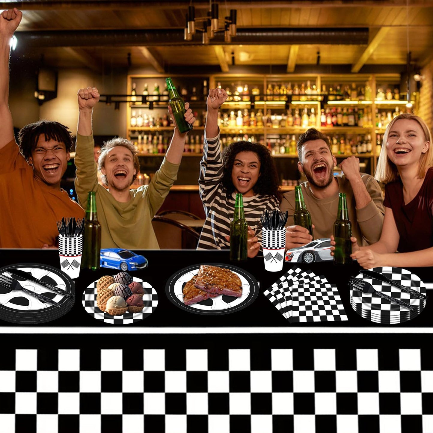 Poqirzan 146PCS Race Car Party Tableware Set Racing Car Plates and Napkins Party Supplies Black and White Checkered Race Car Birthday Party Decorations Car Tablecloth Paper Plates Napkins Set Serve 24
