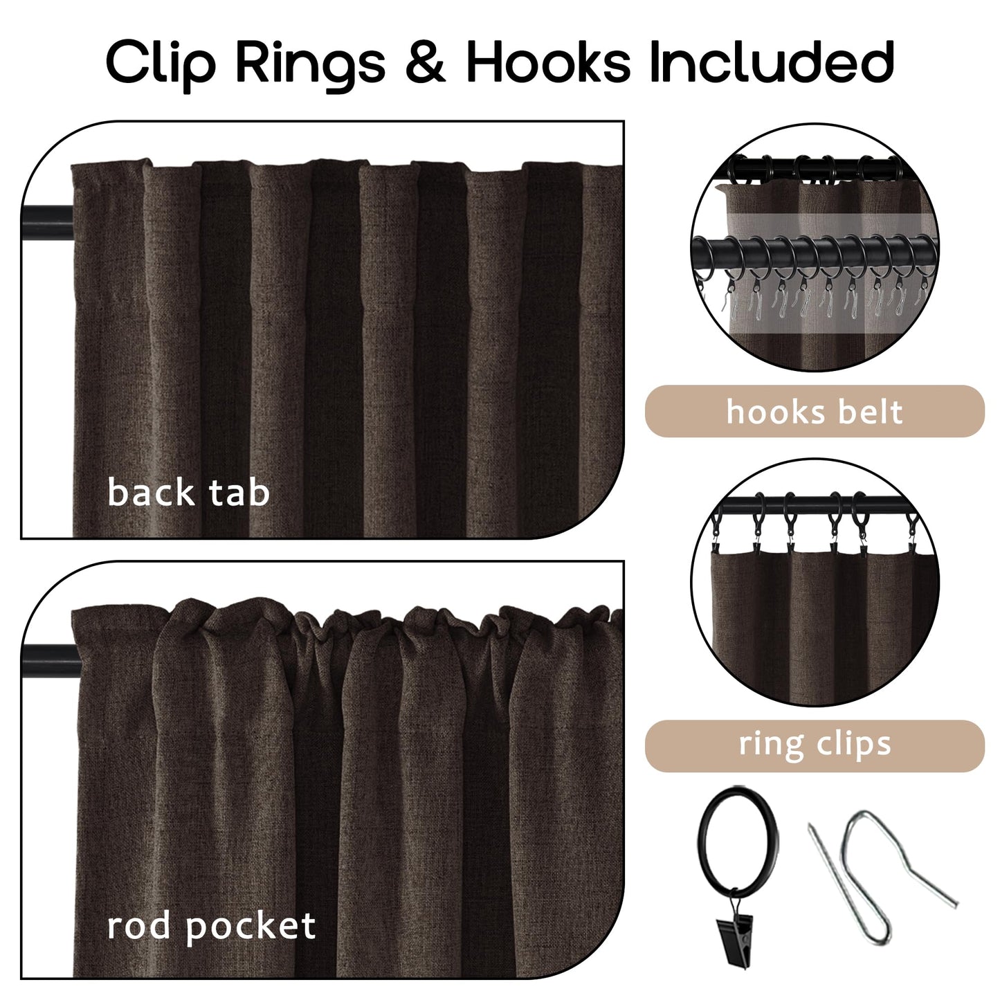 SHINELAND Brown Linen Curtains 96 Inch Long 2 Panels Black Out Curtain for Bedroom Living Room Dining 100% Blackout Room Darkening Dark Curtains Back Tab with Insulated Liners, Dark Brown