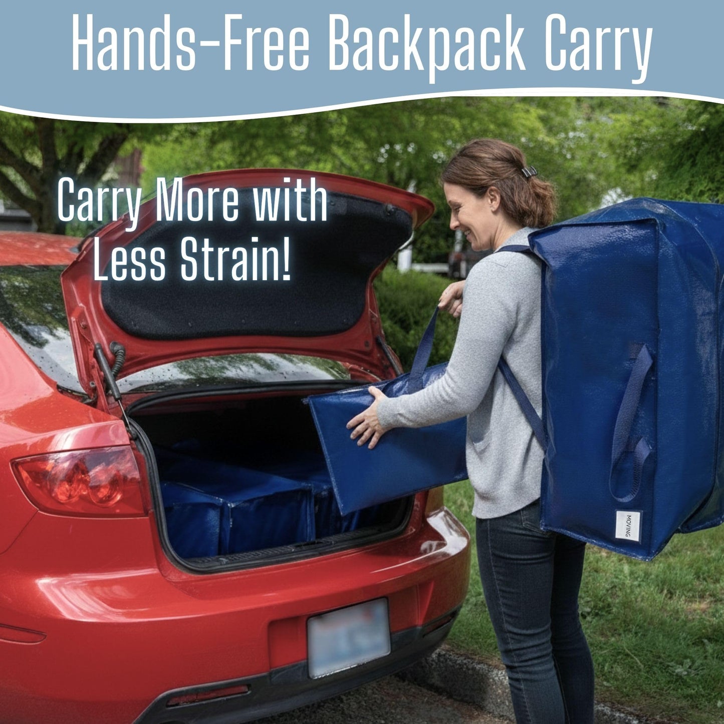 VENO Extra Large Moving Bags with Backpack Straps, Cloth Storage Tote Bag Container with Sturdy Zipper and Strong Handles Moving Supplies Boxes College Dorm, Traveling, Camping (Blue, 4 Pack)