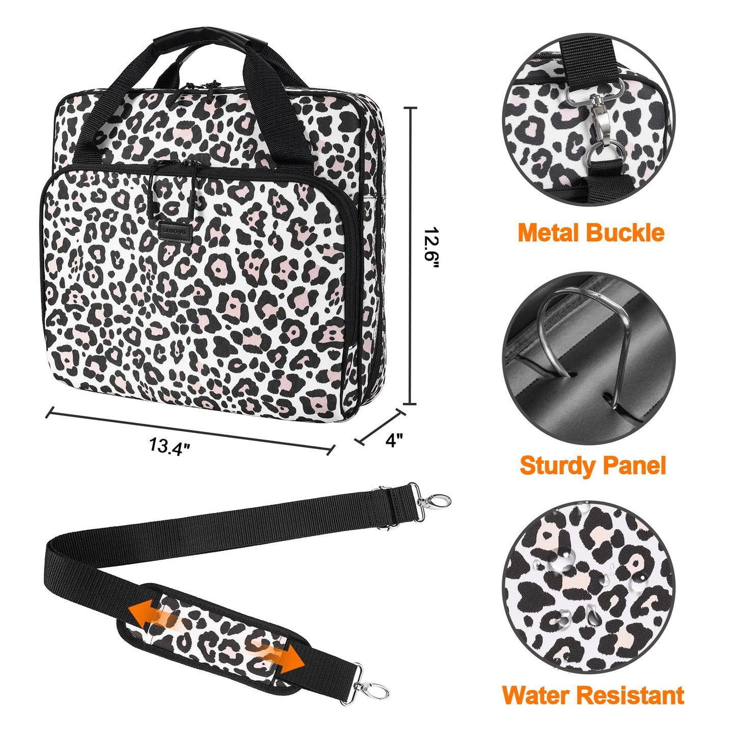 Losong 3 Ring Zipper Binder 3 Inch D-Ring, Binder with Strap 700 Sheet Capacity & Multi-Pockets School and Office Binder Organizer, Compatible with 13-Inch MacBook (Patent Design Leopard)