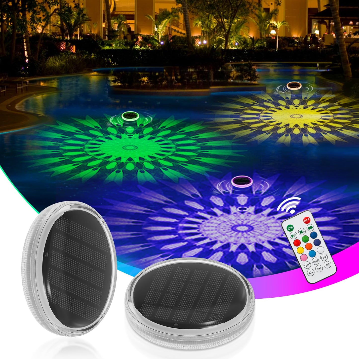 MATEPROX Solar Floating Pool Lights, Rechargeable RGB Pool Light with Remote Control, 9 Lighting 3 Mode, IPX7 Waterproof for Swimming Pool, Garden, Bathtub, Indoor Parties(2 PCS)
